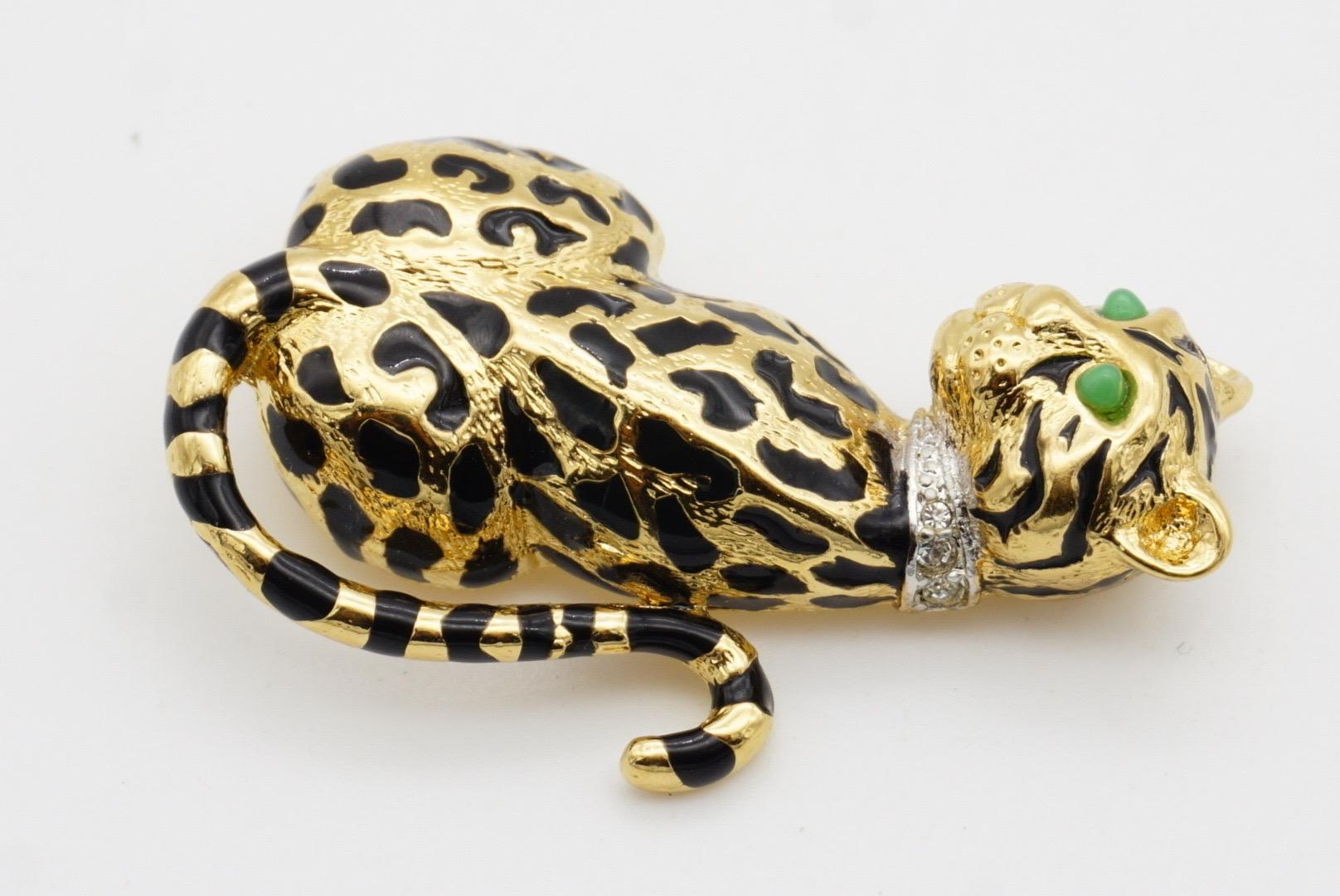 D'Orlan Vintage 1980 Vivid Black Enamel Leopard Green Eyes Crystals Neck Brooch For Sale 4