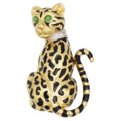 D'Orlan Vintage 1980 Vivid Black Enamel Leopard Green Eyes Neck Crystals Brooch