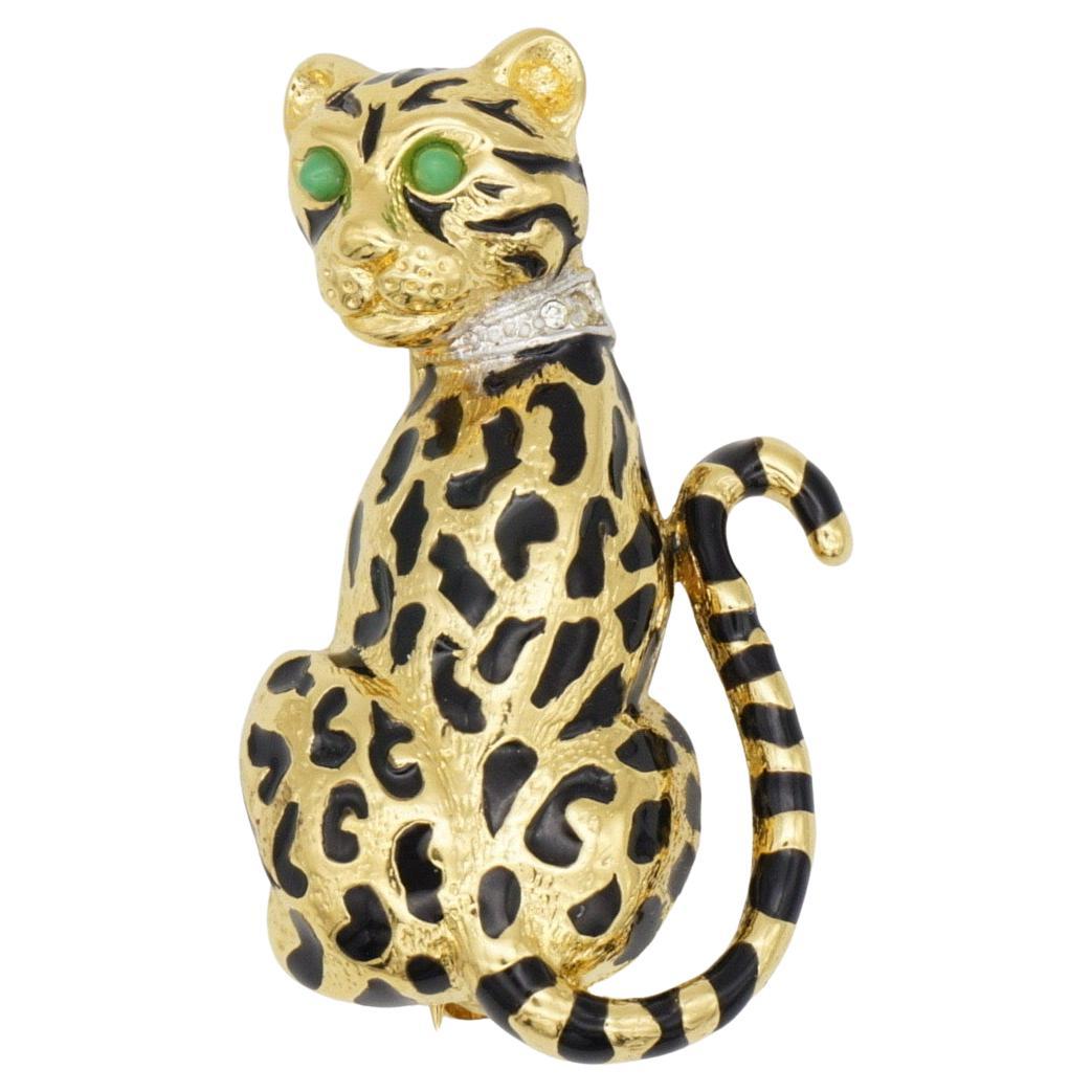 D'Orlan Vintage 1980 Vivid Black Enamel Leopard Green Eyes Neck Crystals Brooch
