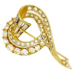 D'Orlan Vintage 1980s Double Heart Love Whole Crystals Rectangle Circle Brooch