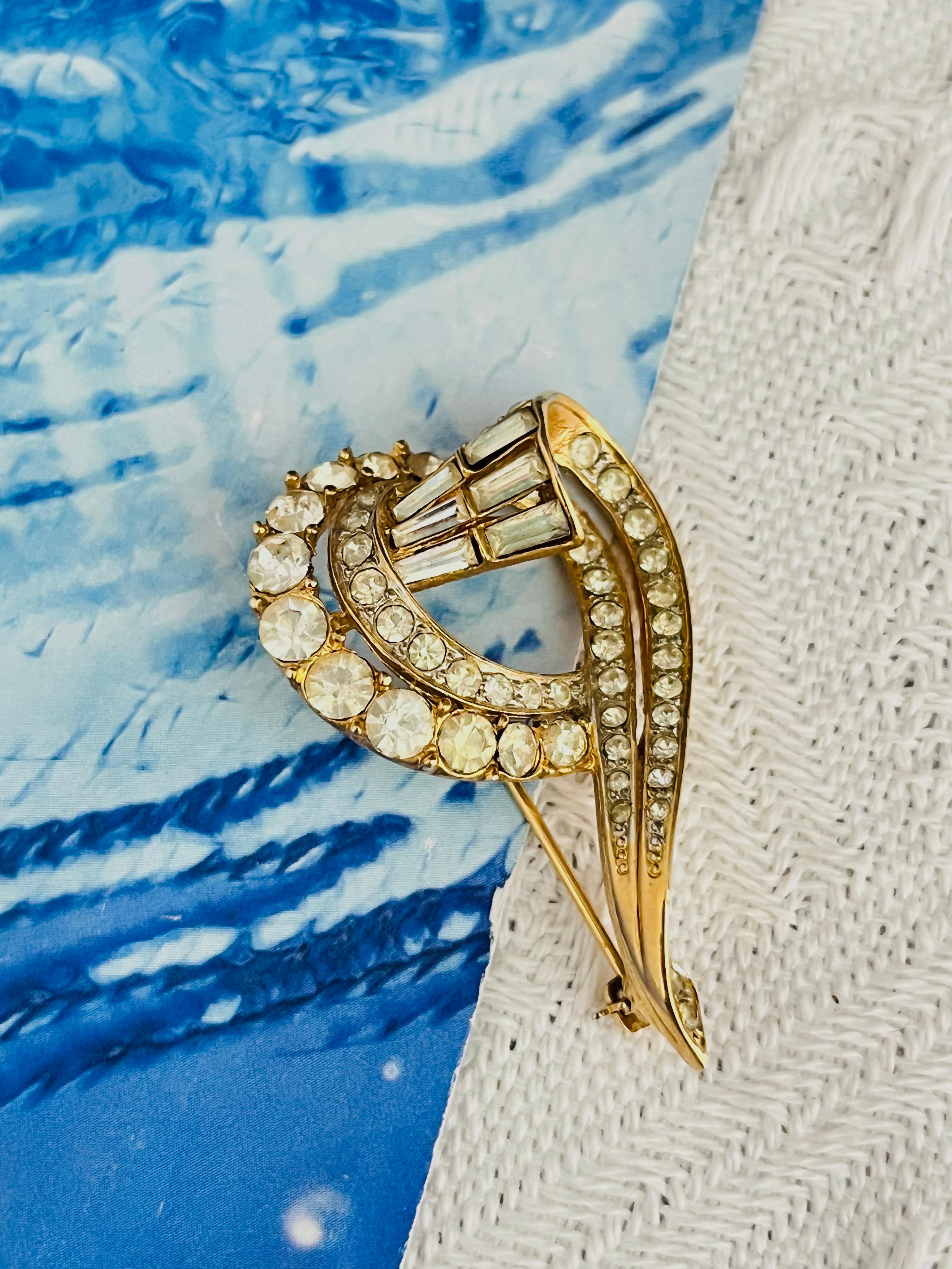 Art Deco D'Orlan Vintage 1980s Double Heart Love Whole Crystals Rectangle Circle Brooch For Sale