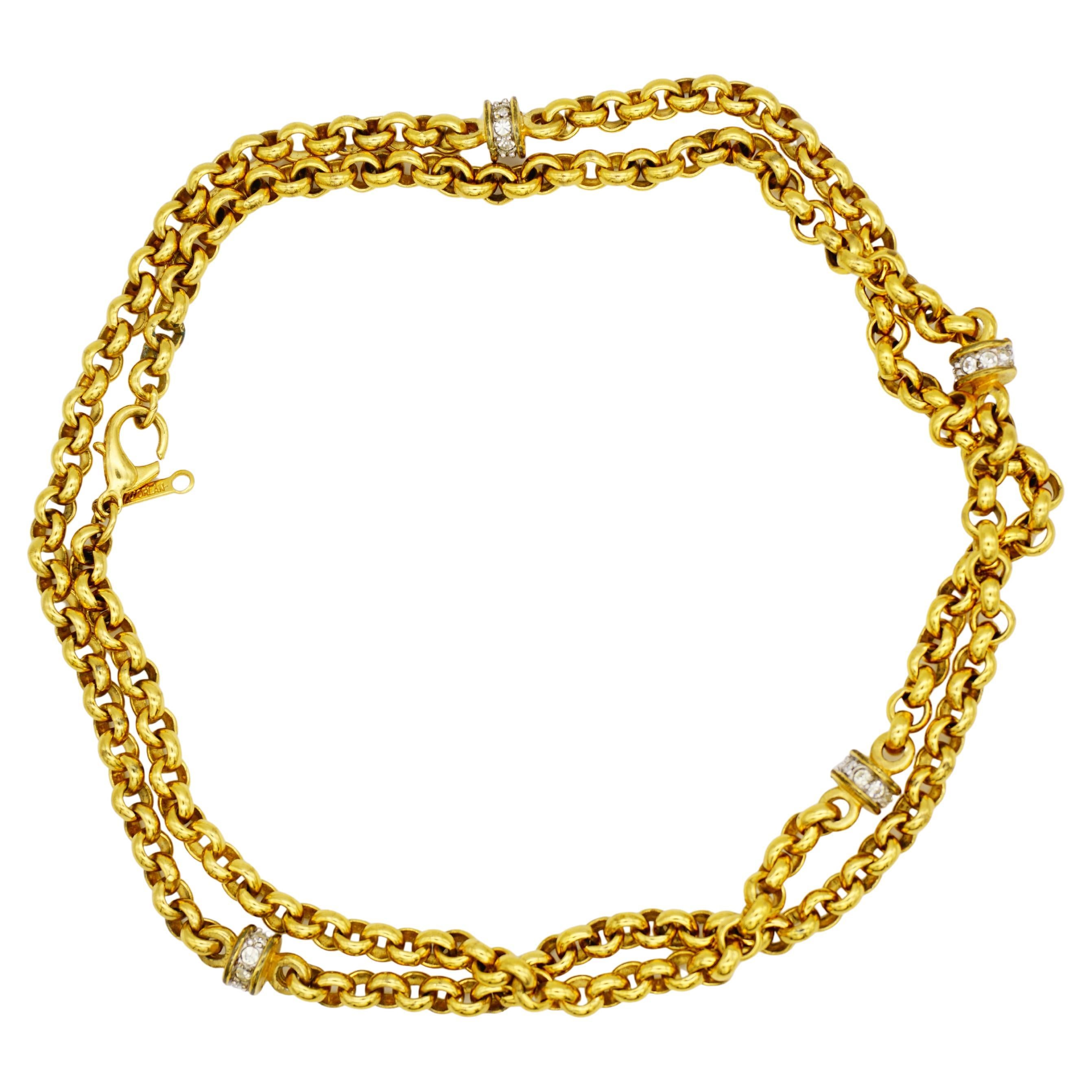 D'Orlan Vintage 1980s Long Crystals Interlocked Linked Chain Necklace Bracelet in vendita