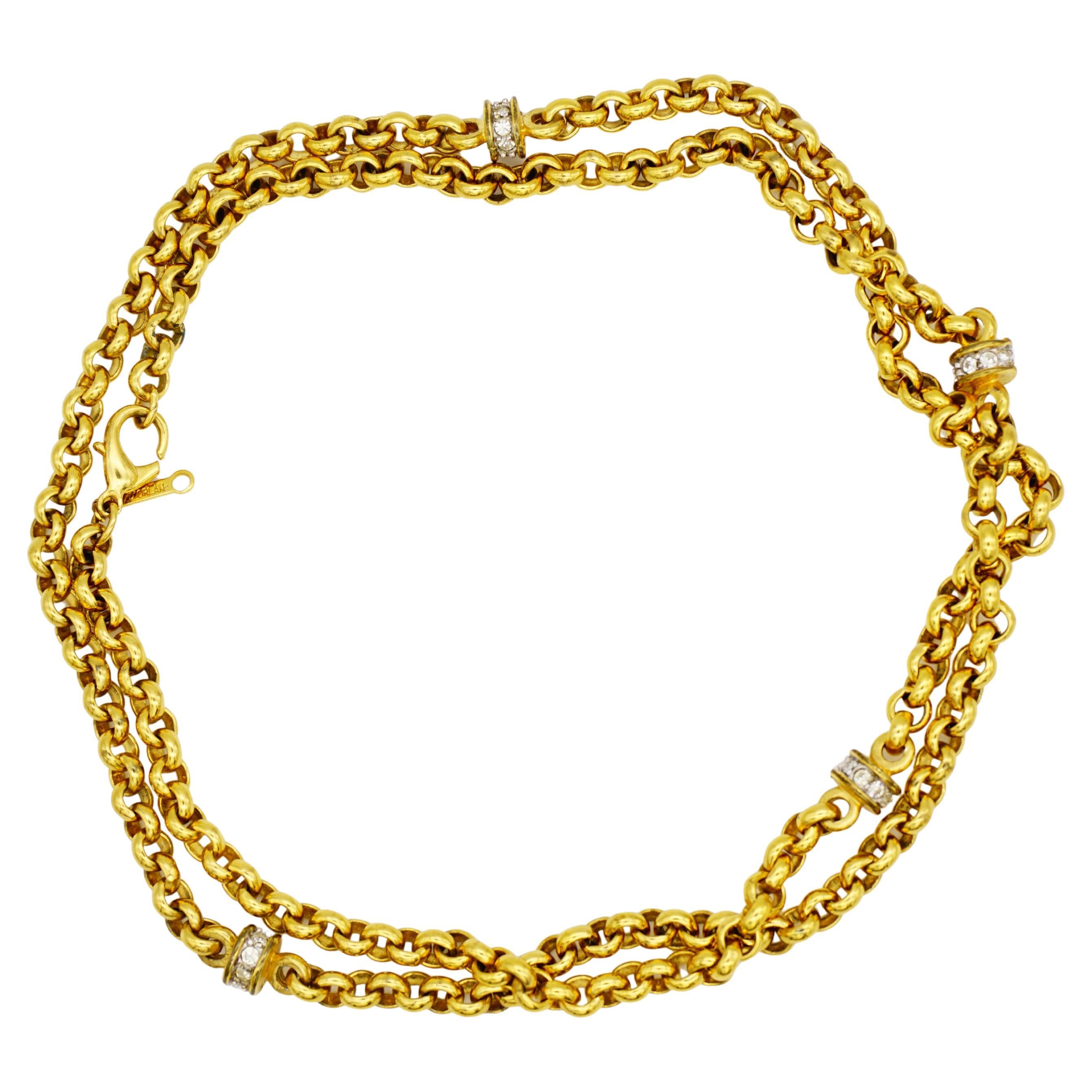 D
Orlan Vintage 1980s Long Crystals Interlocked Linked Chain Necklace Bracelet For Sale