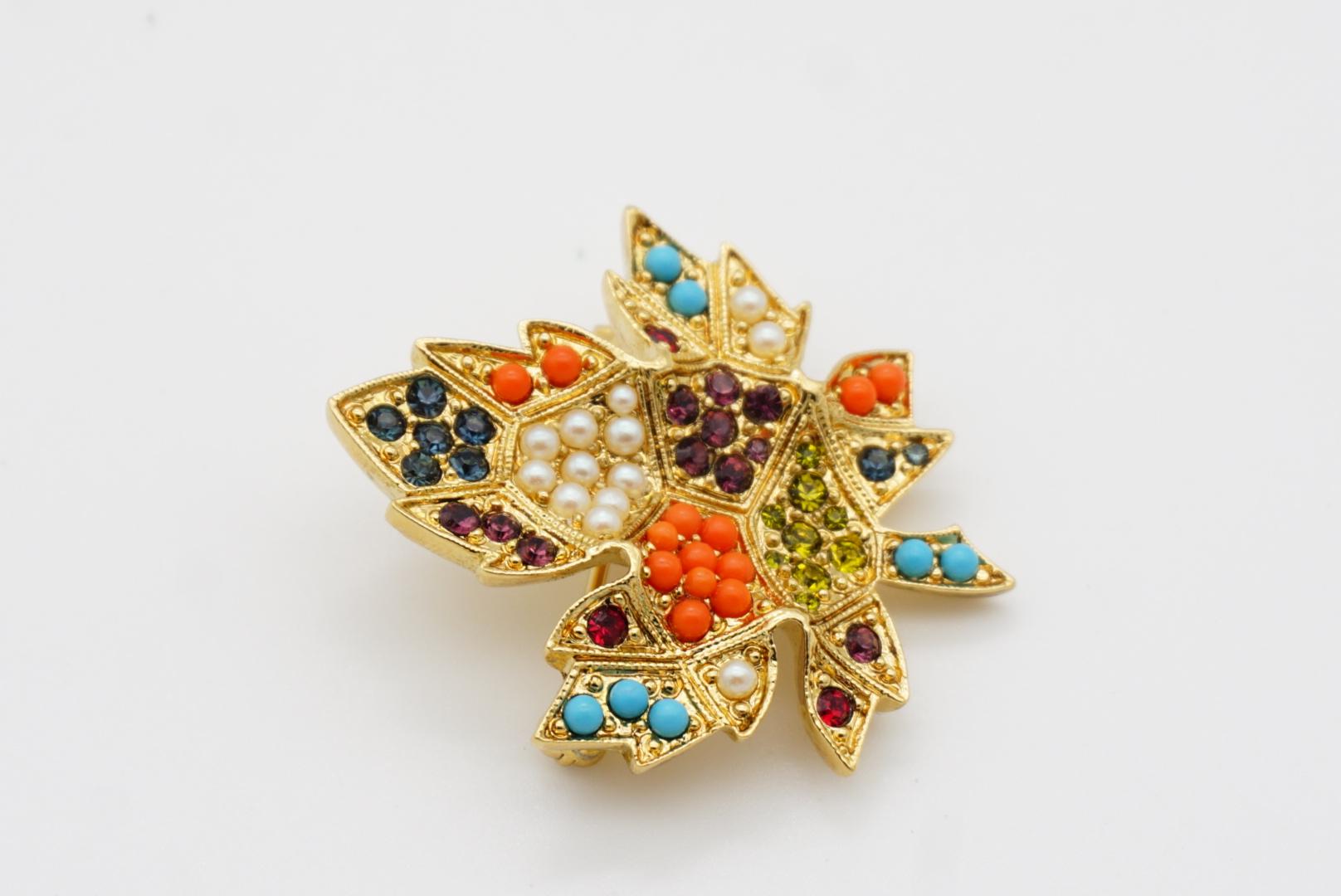 D'Orlan Vintage 1980s Maple Leaf Coral Pearl Turquoise Cabochon Crystals Brooch 5