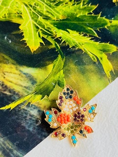 D'Orlan Vintage 1980s Maple Leaf Coral Pearl Turquoise Cabochon Crystals Brooch