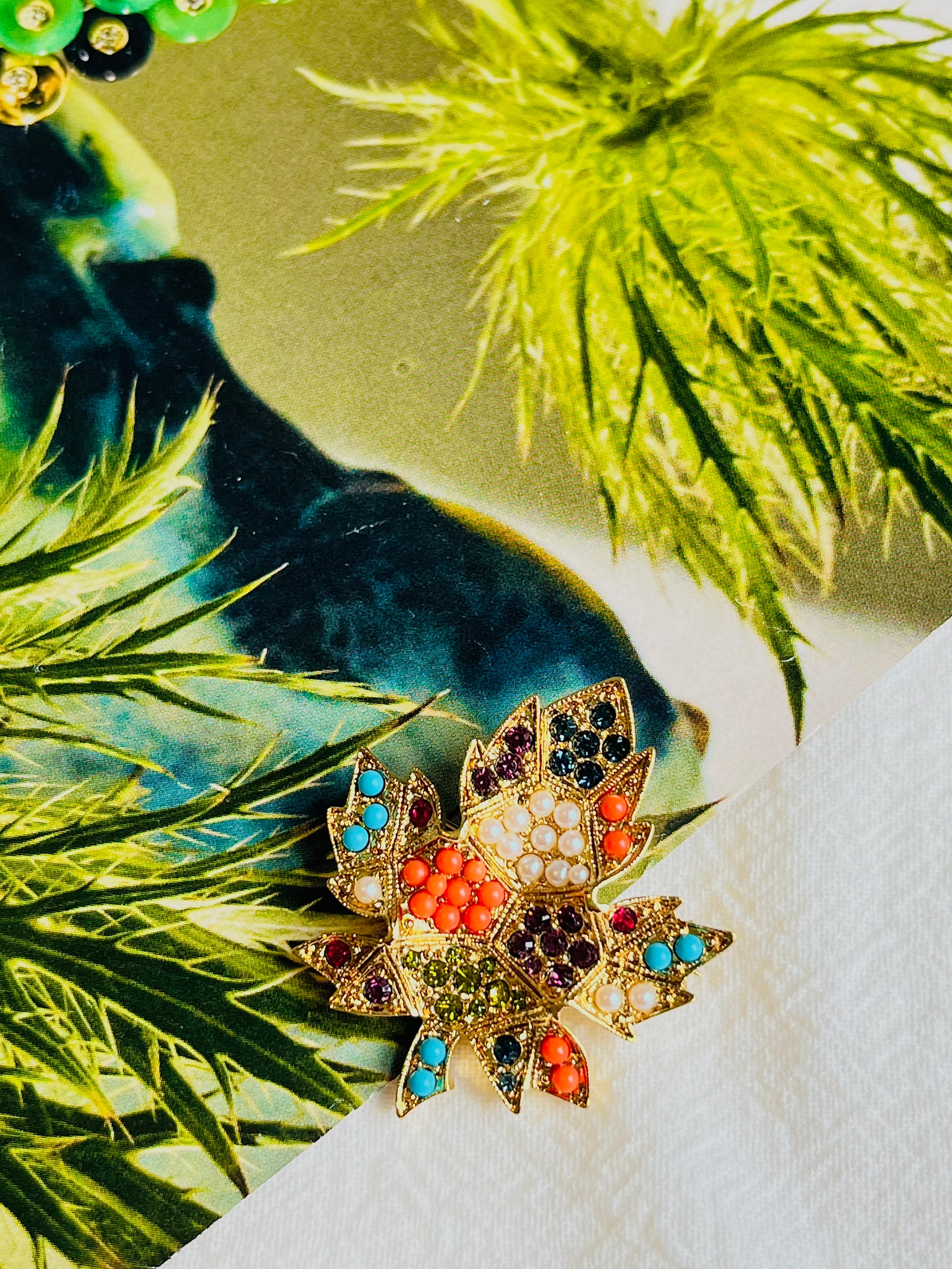 Art Deco D'Orlan Vintage 1980s Maple Leaf Coral Pearl Turquoise Cabochon Crystals Brooch