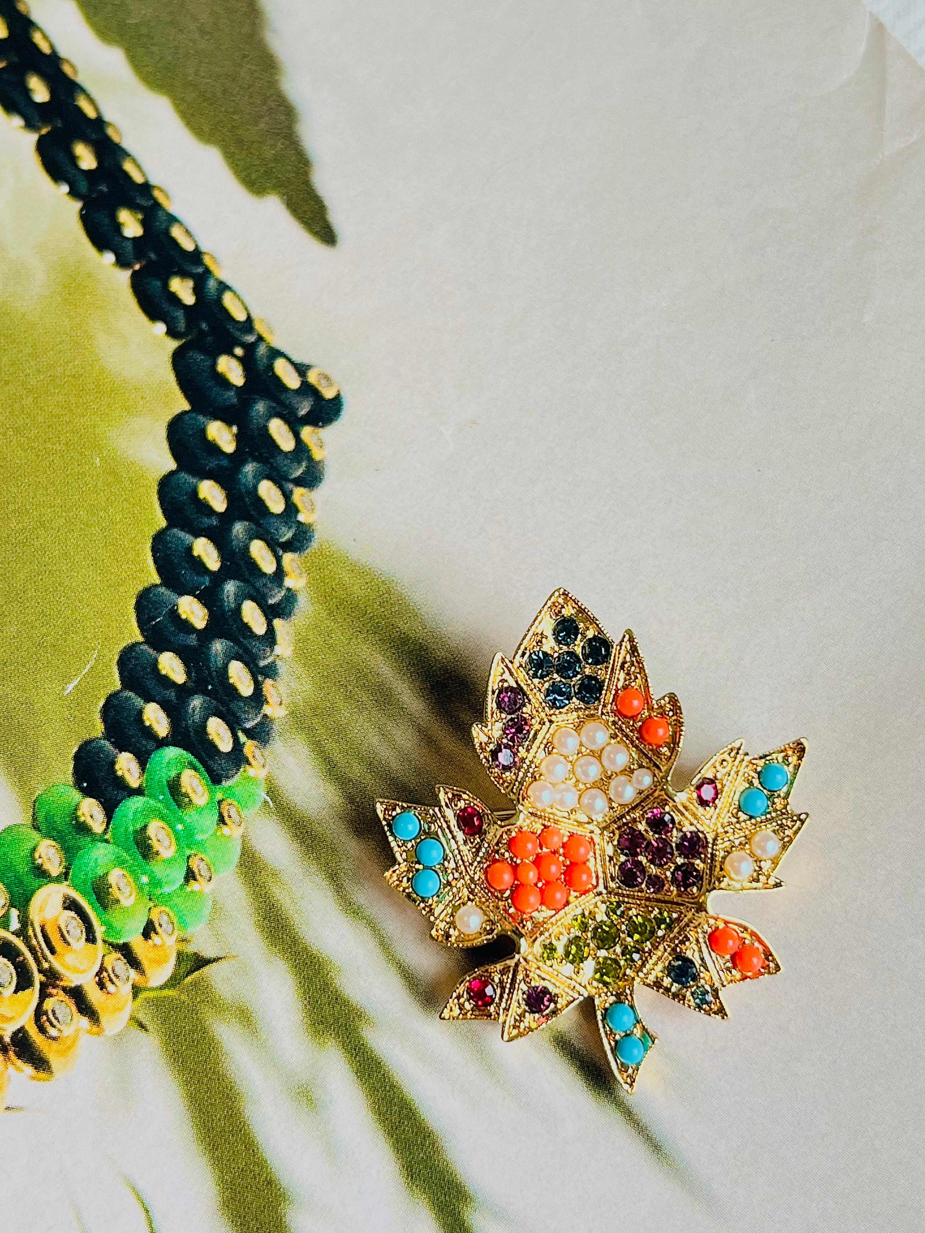D'Orlan Vintage 1980s Maple Leaf Coral Pearl Turquoise Cabochon Crystals Brooch In Excellent Condition In Wokingham, England