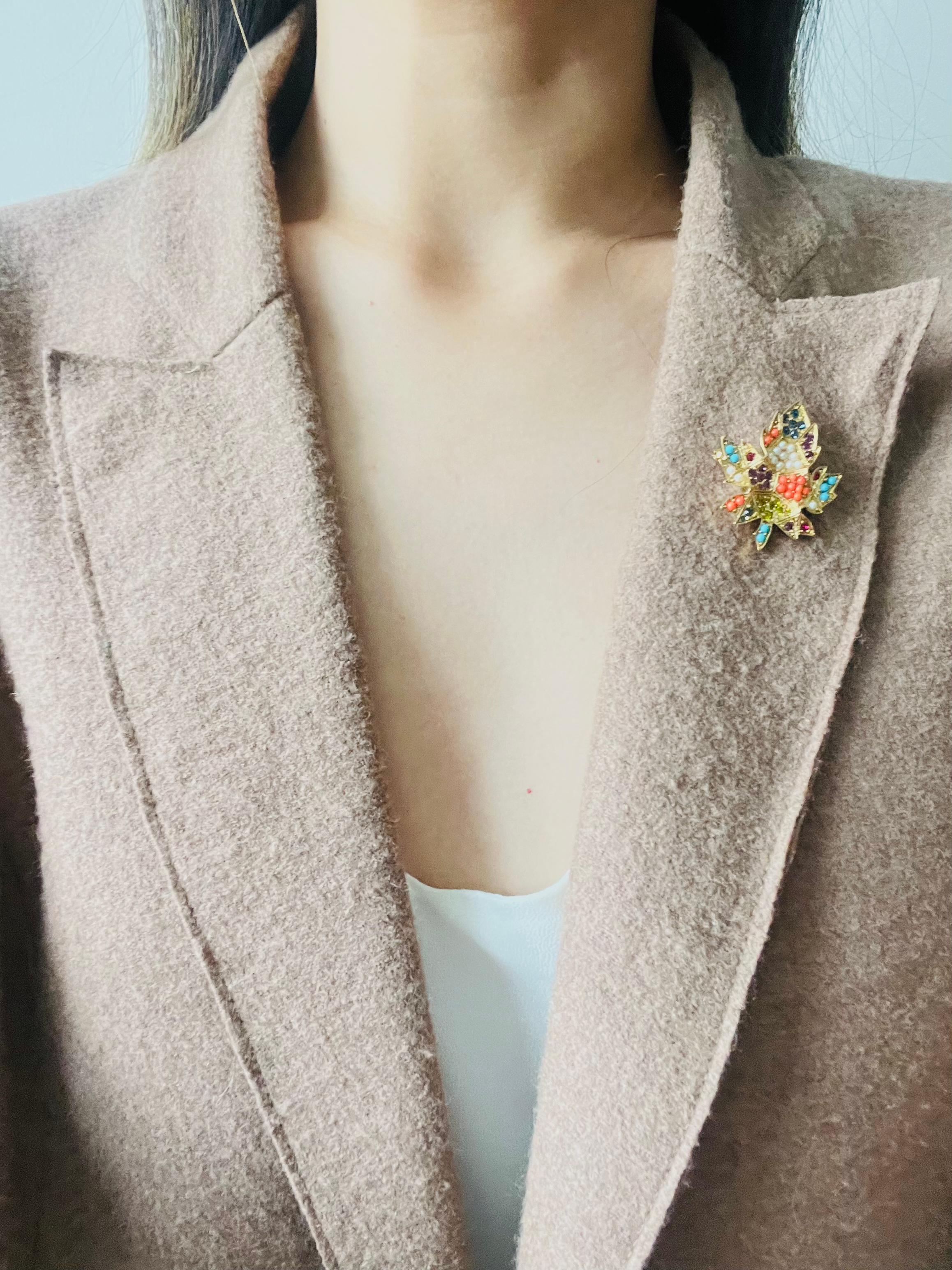 D'Orlan Vintage 1980s Maple Leaf Coral Pearl Turquoise Cabochon Crystals Brooch 1