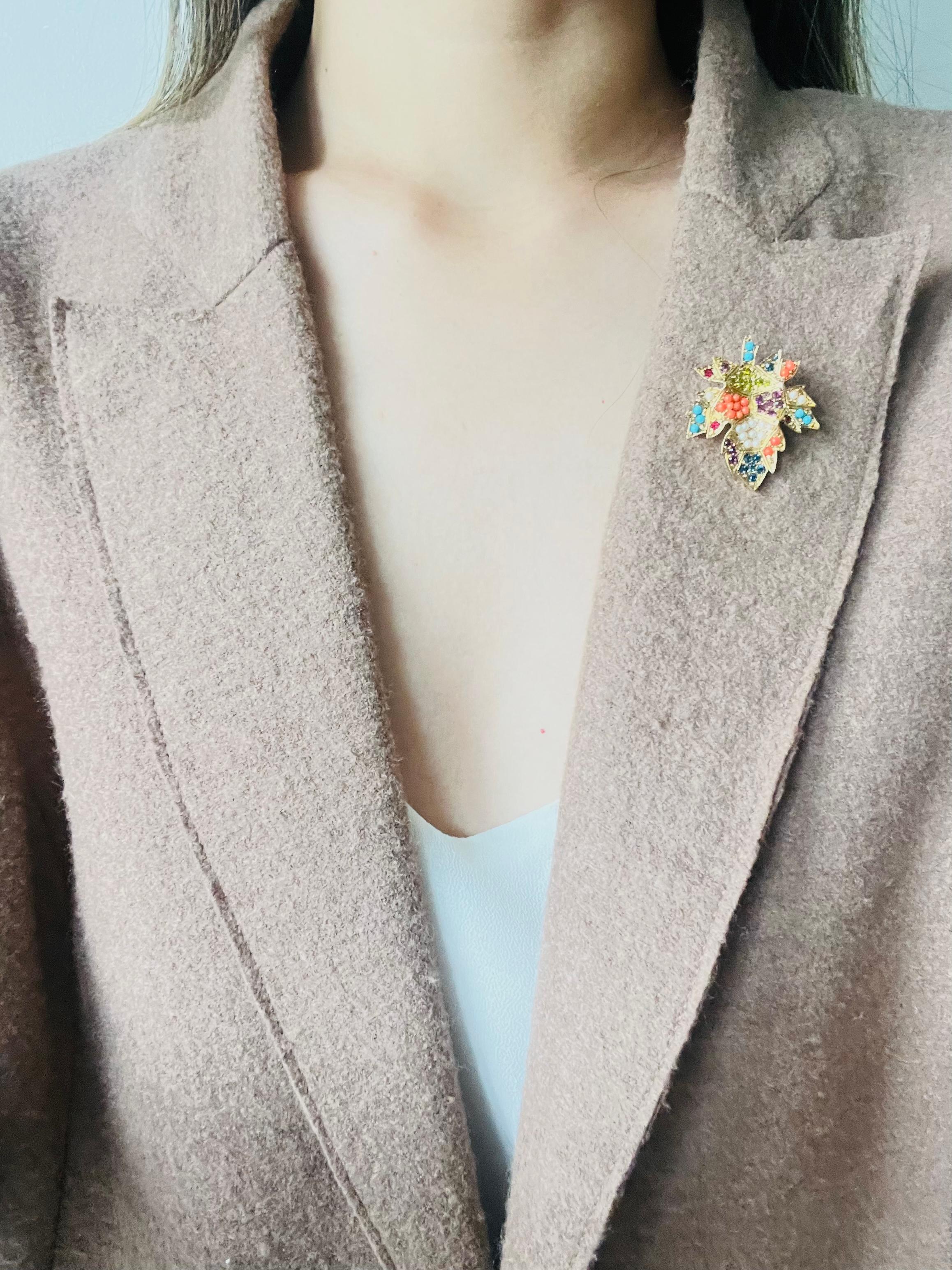 D'Orlan Vintage 1980s Maple Leaf Coral Pearl Turquoise Cabochon Crystals Brooch 2