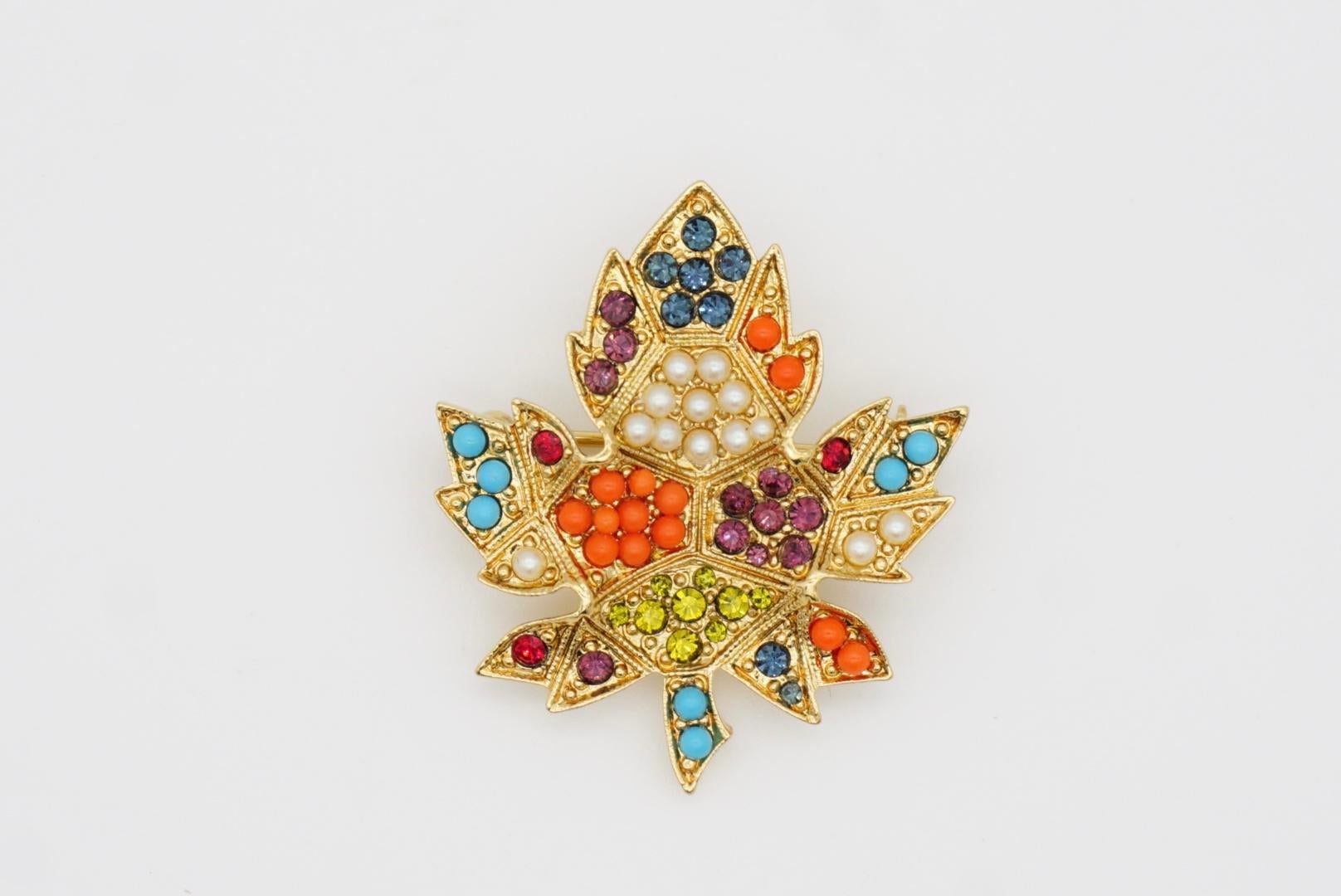 D'Orlan Vintage 1980s Maple Leaf Coral Pearl Turquoise Cabochon Crystals Brooch 3