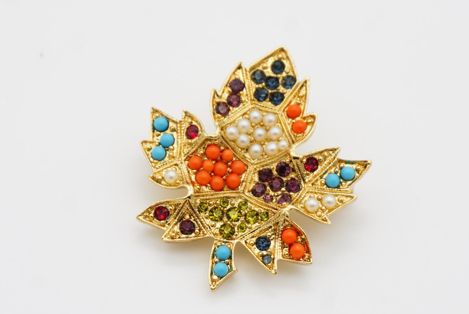 D'Orlan Vintage 1980s Maple Leaf Coral Pearl Turquoise Cabochon Crystals Brooch 4