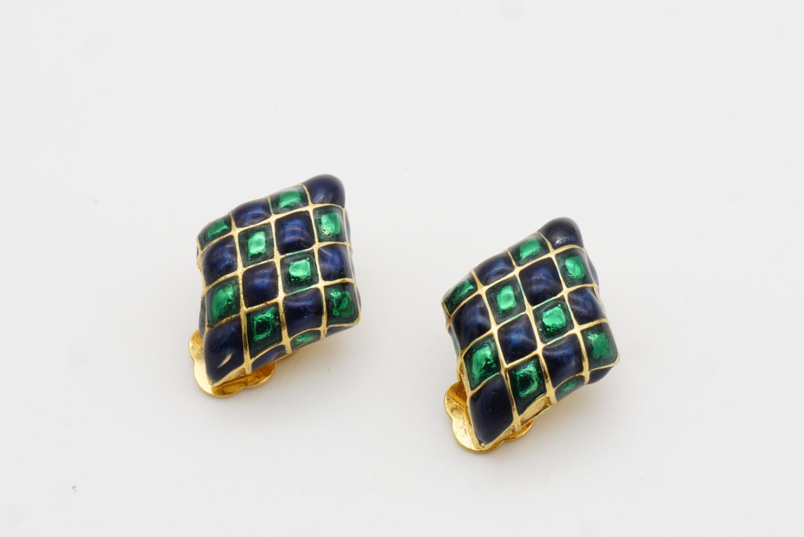 D'Orlan Vintage Años 80 Esmalte Verde Marino Arlequín Cuadros Pendientes Diamante en venta 5