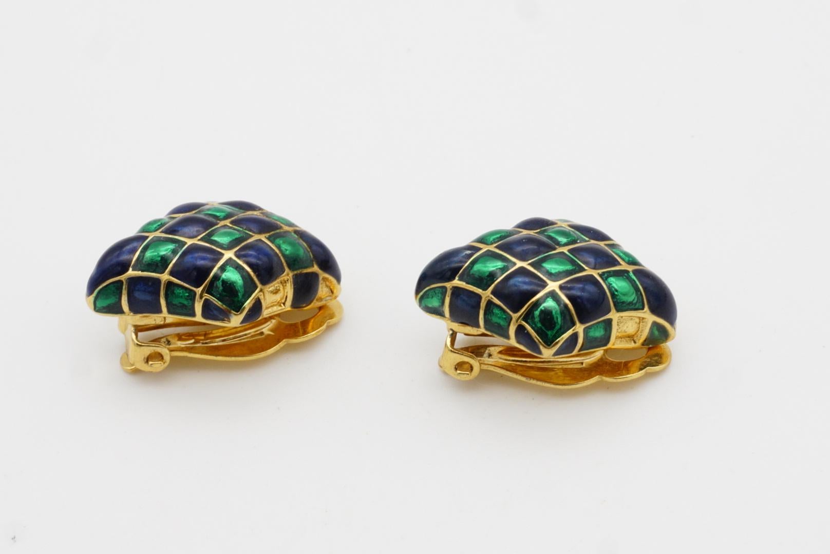 D'Orlan Vintage Años 80 Esmalte Verde Marino Arlequín Cuadros Pendientes Diamante en venta 6