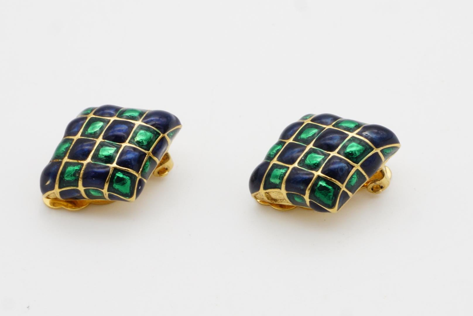 D'Orlan Vintage Años 80 Esmalte Verde Marino Arlequín Cuadros Pendientes Diamante en venta 7