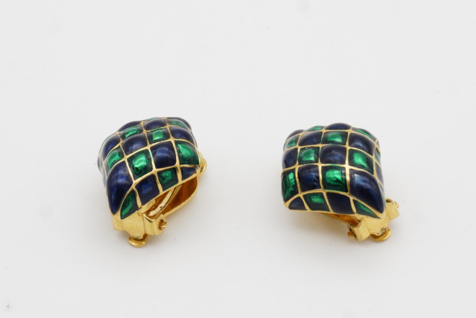 D'Orlan Vintage Años 80 Esmalte Verde Marino Arlequín Cuadros Pendientes Diamante en venta 8