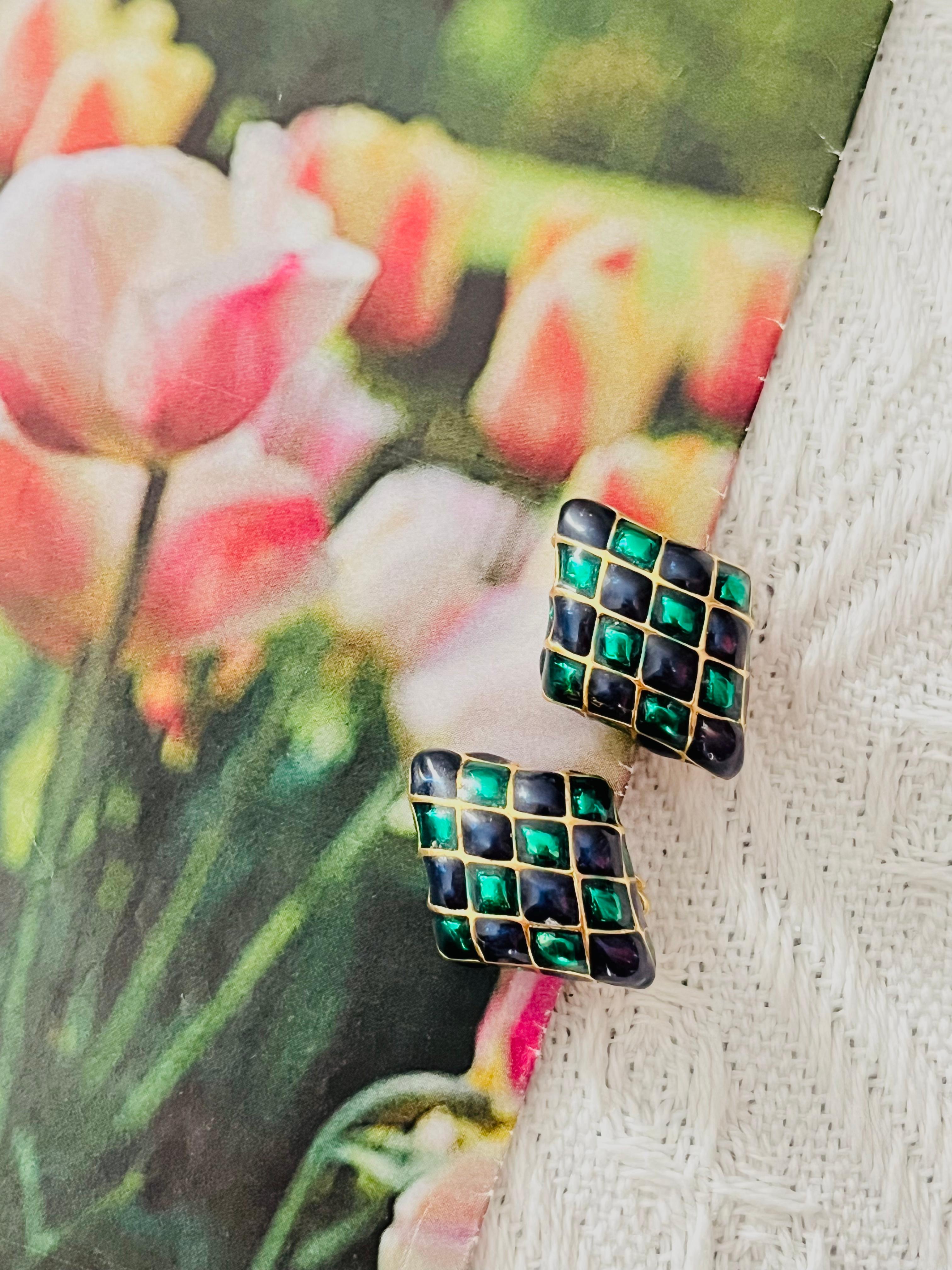 D'Orlan Vintage Años 80 Esmalte Verde Marino Arlequín Cuadros Pendientes Diamante Art Decó en venta