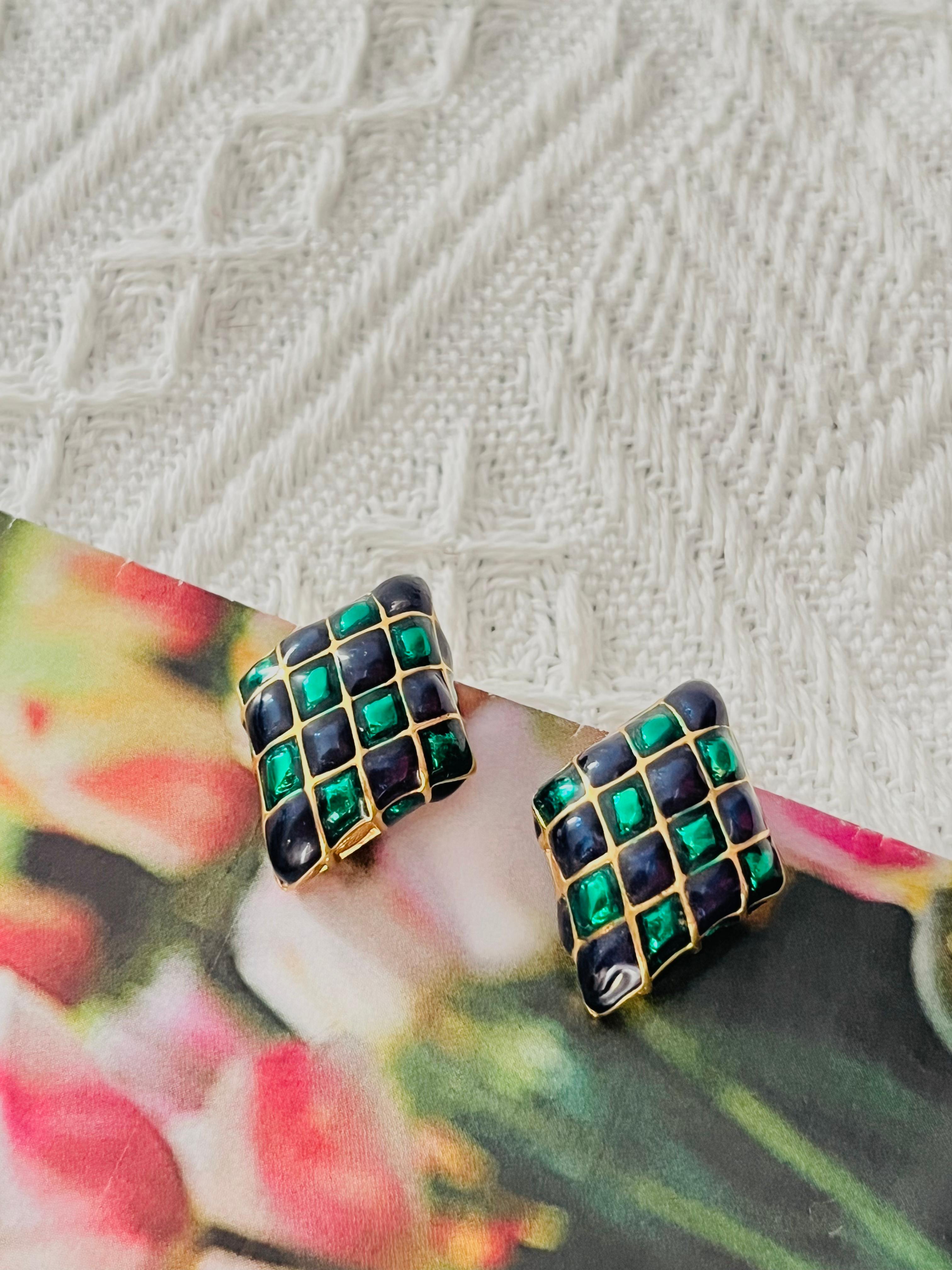 D'Orlan Vintage Años 80 Esmalte Verde Marino Arlequín Cuadros Pendientes Diamante en Bueno estado para la venta en Wokingham, England