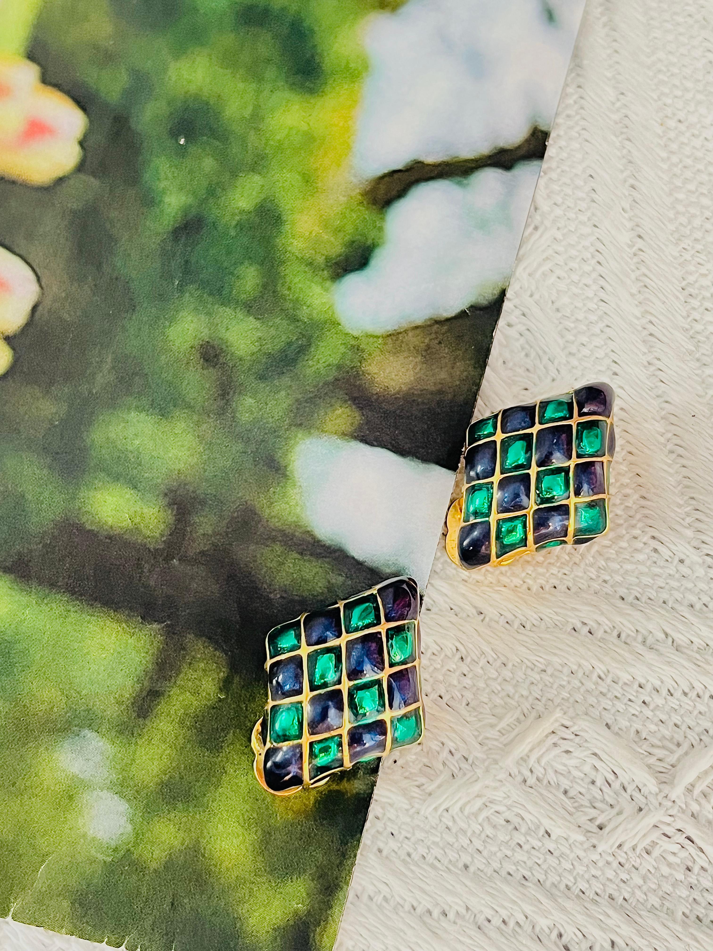 Femenino o masculino D'Orlan Vintage Años 80 Esmalte Verde Marino Arlequín Cuadros Pendientes Diamante en venta