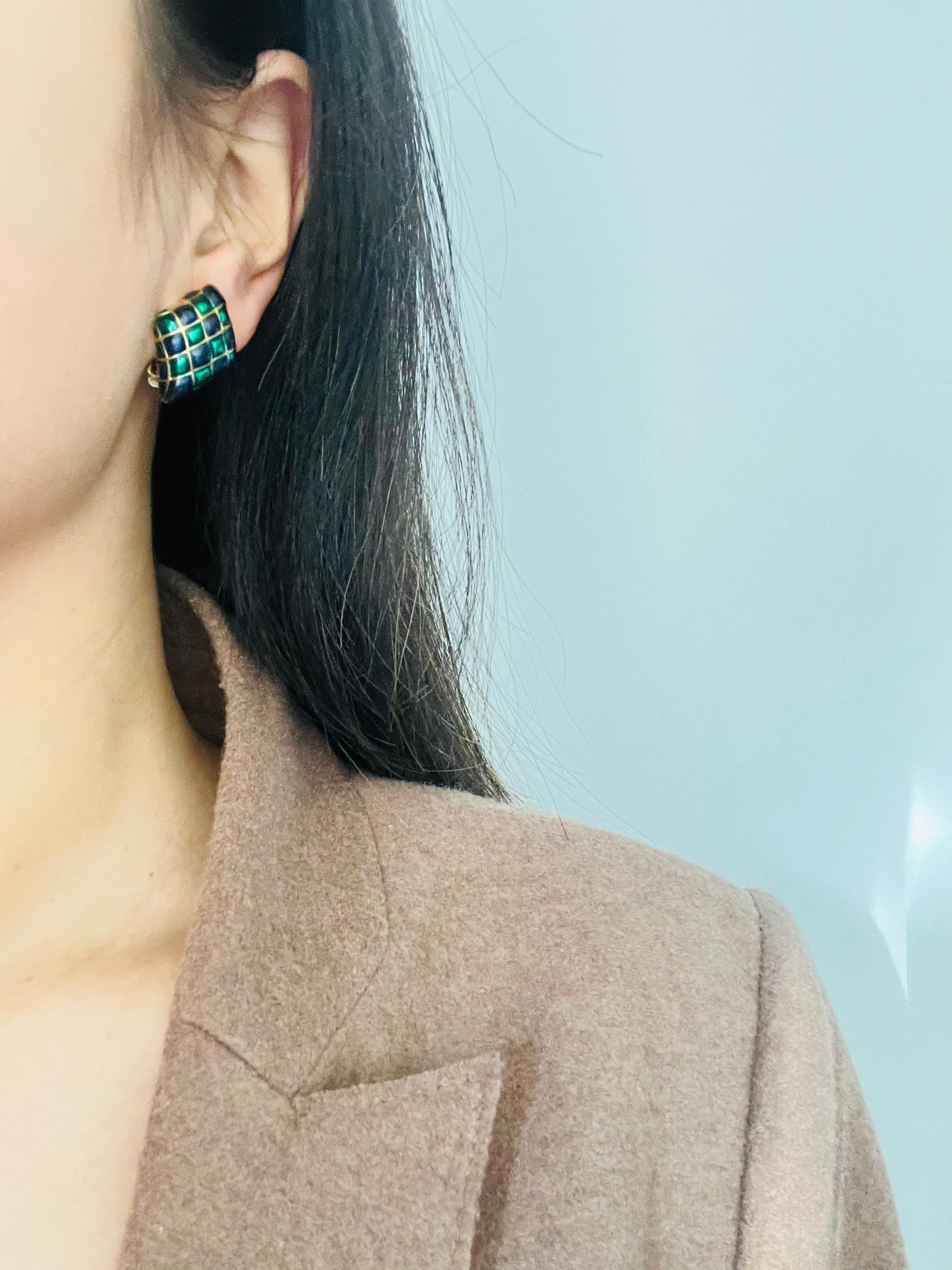 D'Orlan Vintage Años 80 Esmalte Verde Marino Arlequín Cuadros Pendientes Diamante en venta 1