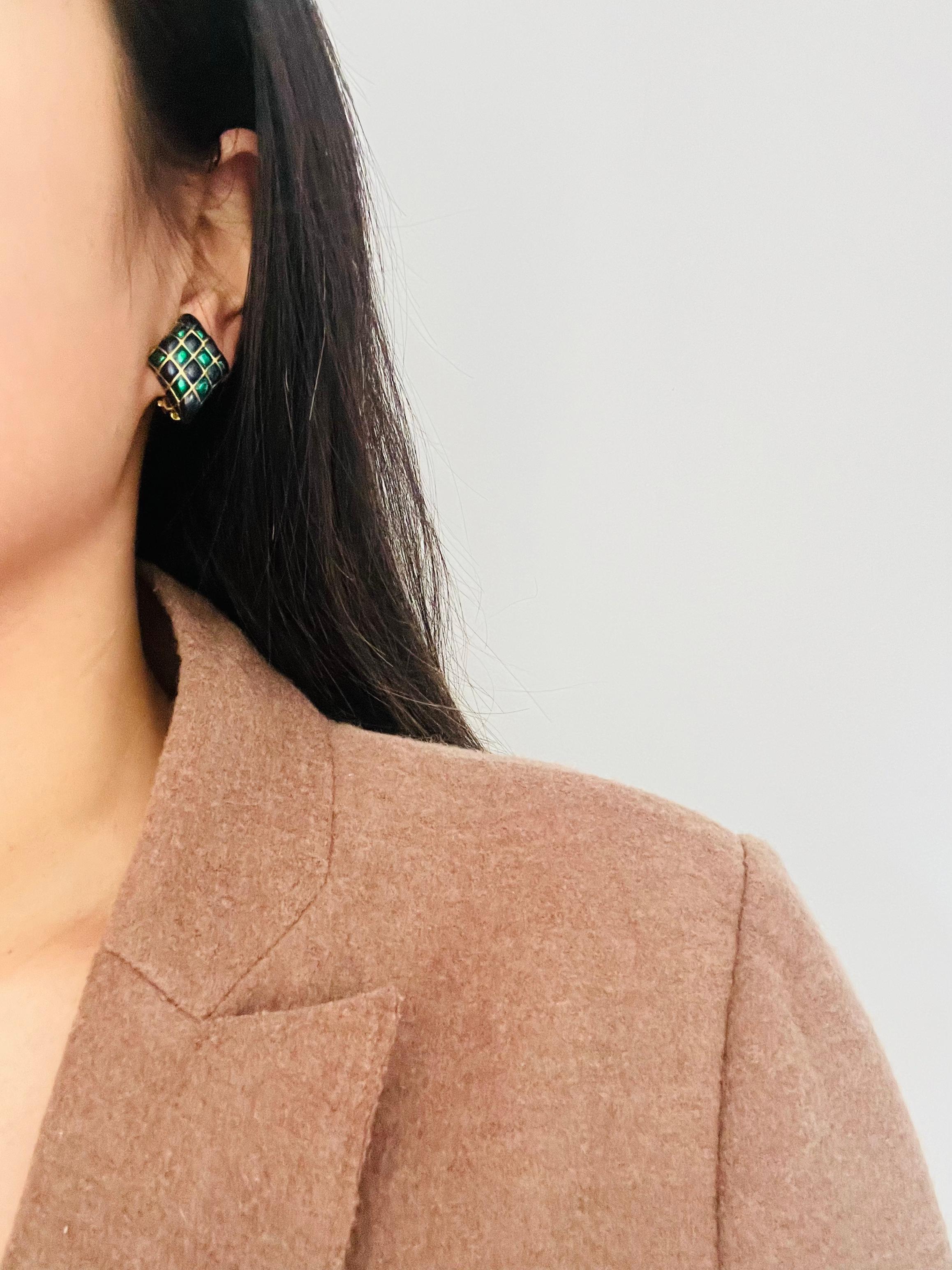 D'Orlan Vintage Años 80 Esmalte Verde Marino Arlequín Cuadros Pendientes Diamante en venta 2