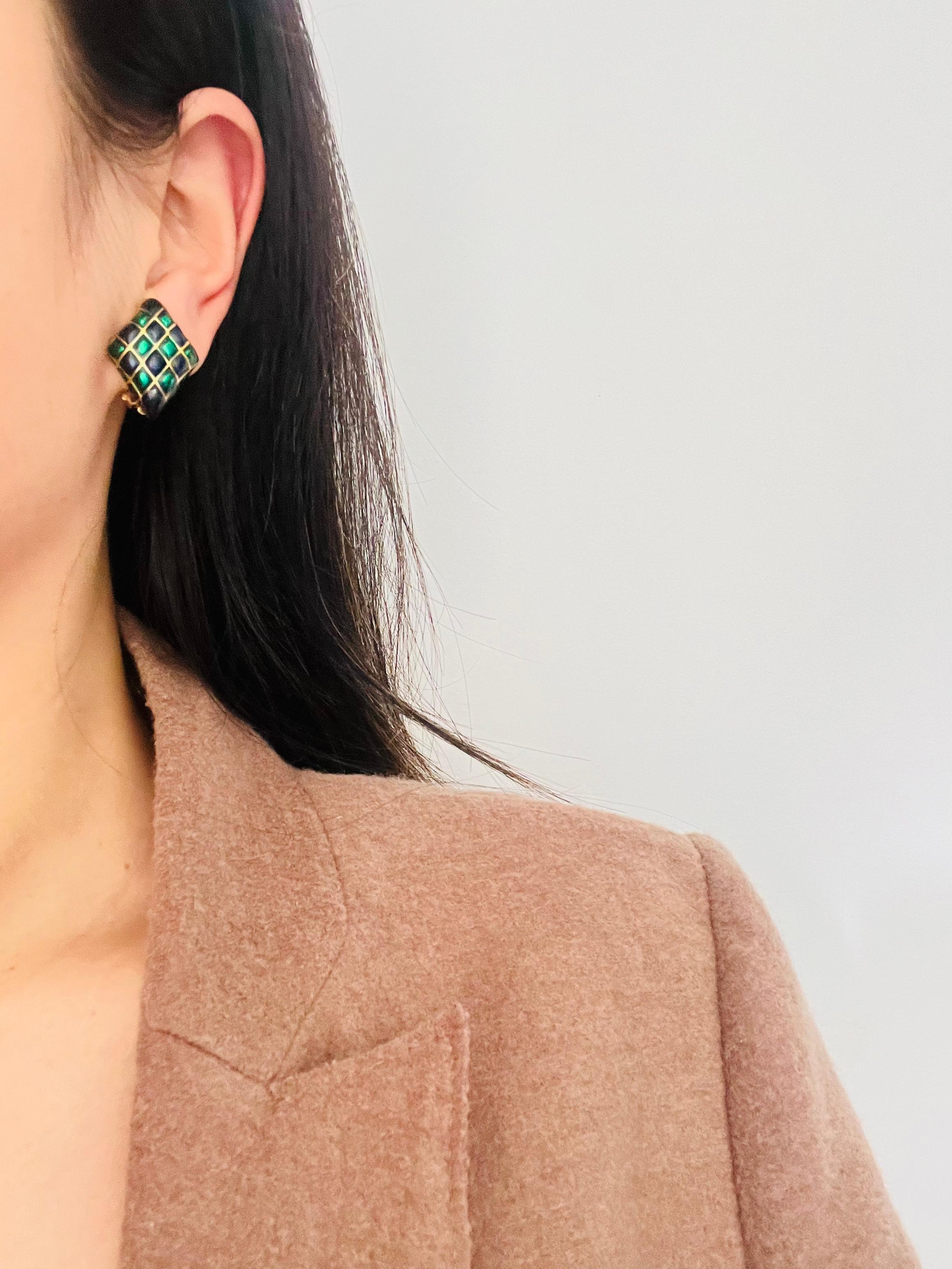 D'Orlan Vintage Años 80 Esmalte Verde Marino Arlequín Cuadros Pendientes Diamante en venta 3