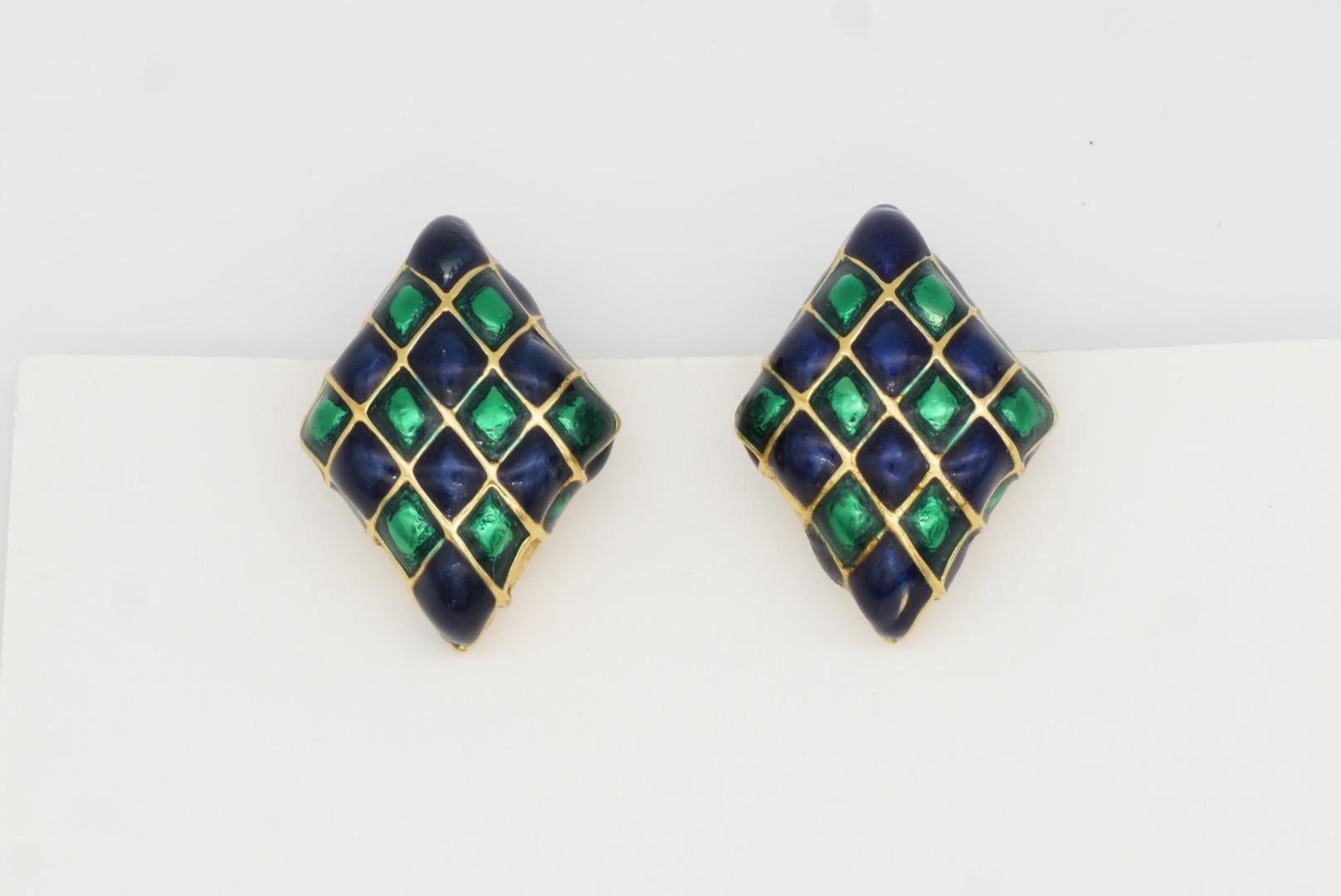 D'Orlan Vintage Años 80 Esmalte Verde Marino Arlequín Cuadros Pendientes Diamante en venta 4