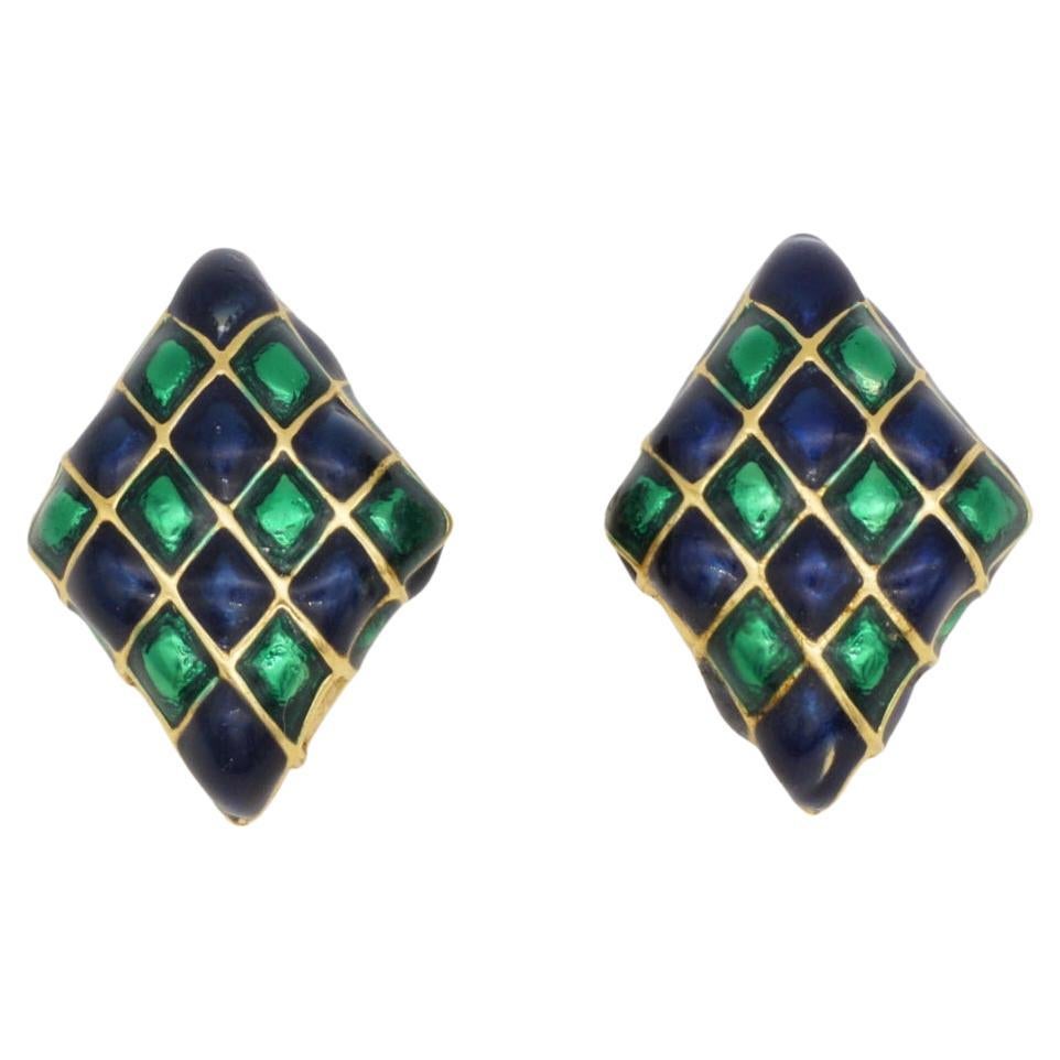 D
Orlan Vintage 1980s Navy Green Enamel Harlequin Plaid Check Diamond Earrings