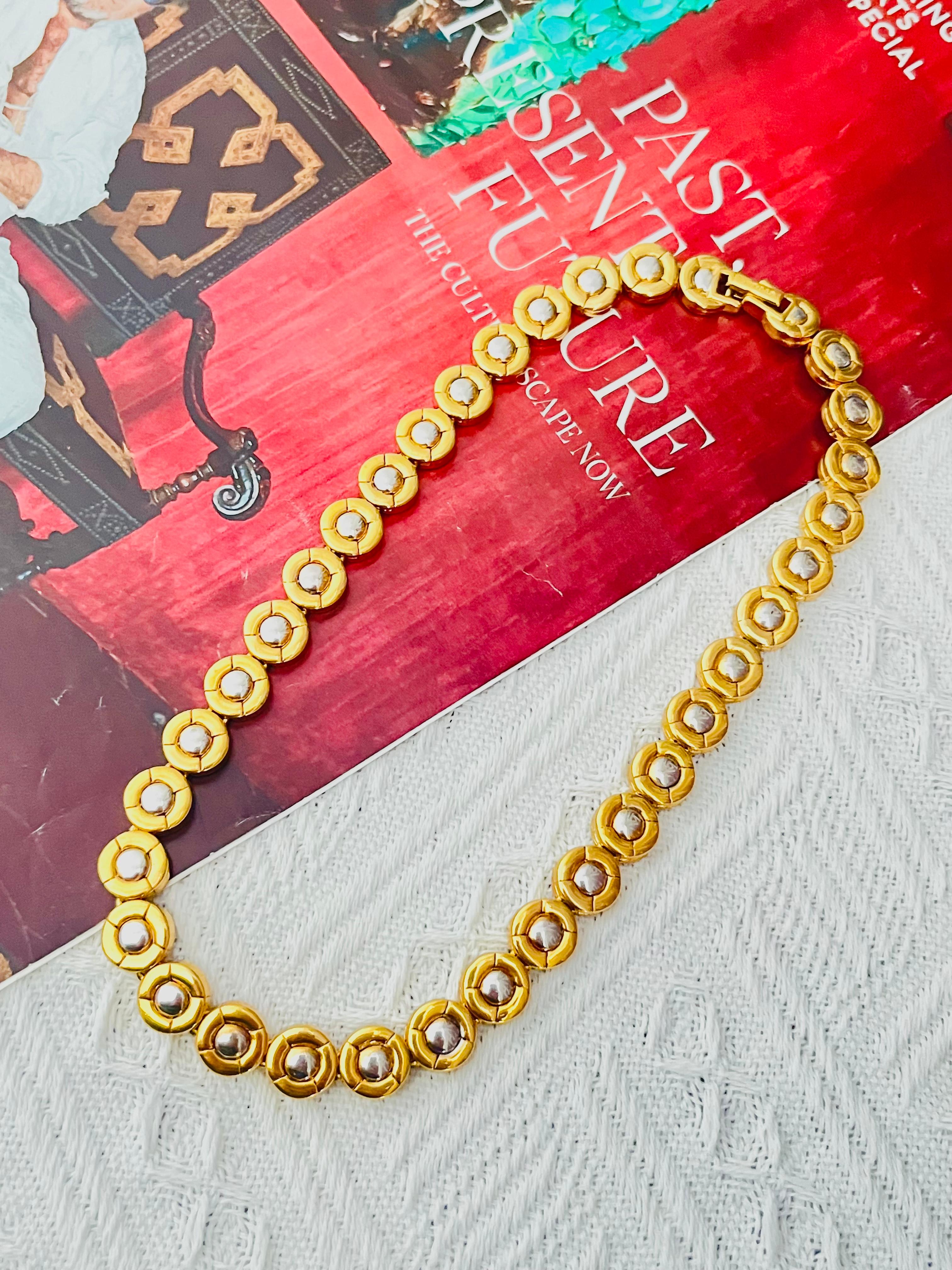 Art Deco D'Orlan Vintage 1980s Tennis Circle Round Dots Modernist Silver Gold Necklace For Sale