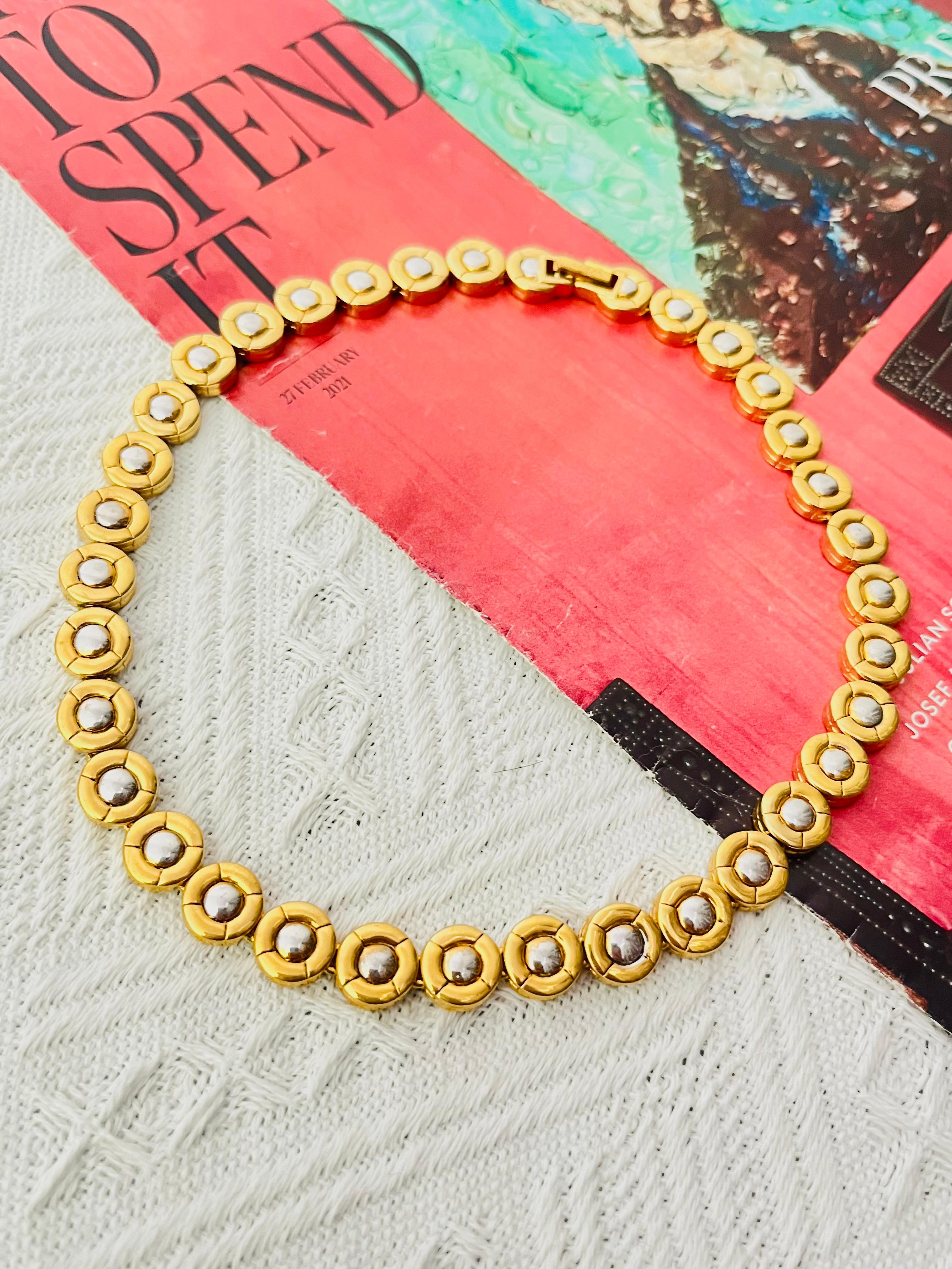 D'Orlan Vintage 1980s Tennis Circle Round Dots Modernist Silver Gold Necklace In Good Condition For Sale In Wokingham, England