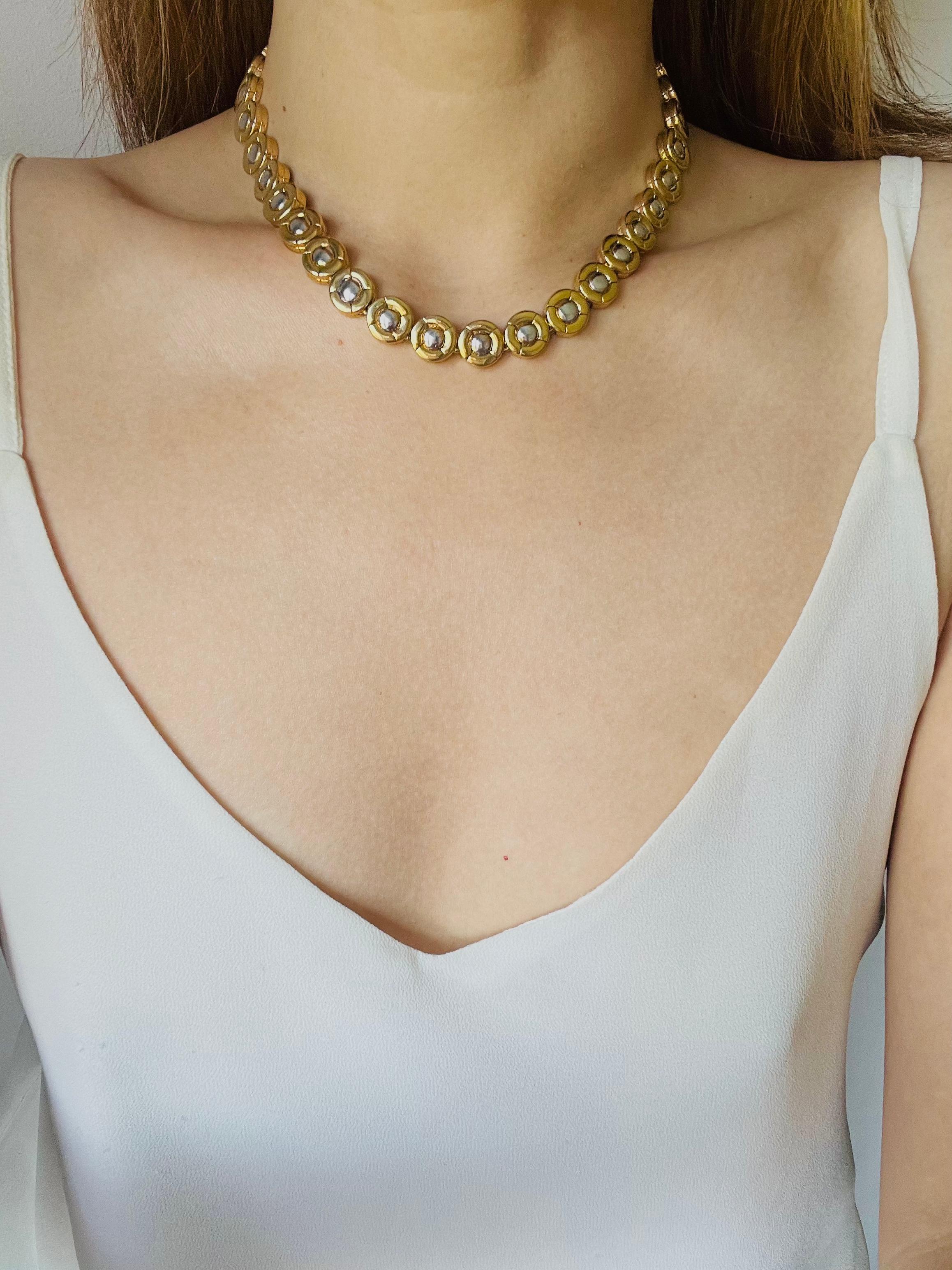 D'Orlan Vintage 1980s Tennis Circle Round Dots Modernist Silver Gold Necklace For Sale 2