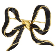 D'Orlan Vintage 1980s Textured Large Black Enamel Knot Bow Ribbon Gold Brooch