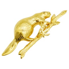 D'Orlan Vintage 1980s Vivid Cute Otter Animal Branch Leaf Modernist Gold Brooch
