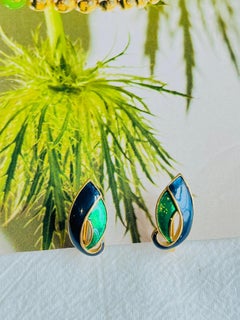 D'Orlan Vintage Navy Emerald Metallic Leaf Modernist Openwork Pierced Earrings