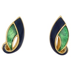 D'Orlan Vintage Navy Emerald Metallic Leaf Modernist Openwork Pierced Earrings