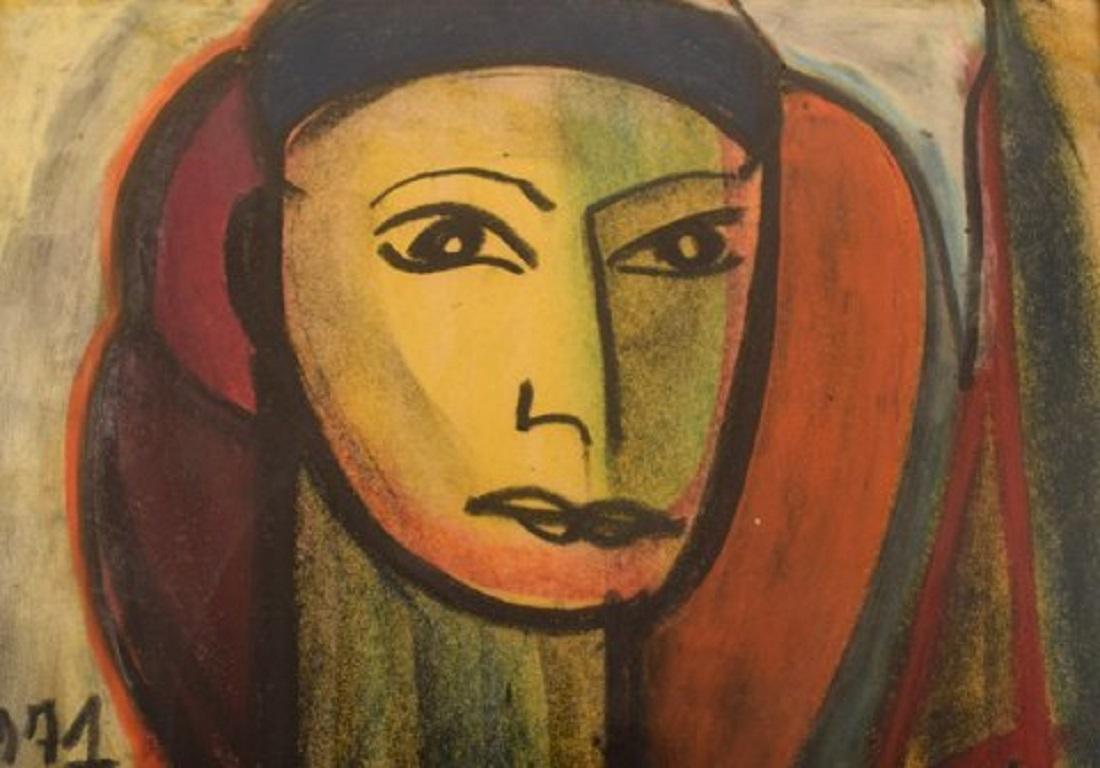 Modern Dorlen Court, Mixed Media on Paper, Cubist Portrait of a Woman, Dated 1971 For Sale