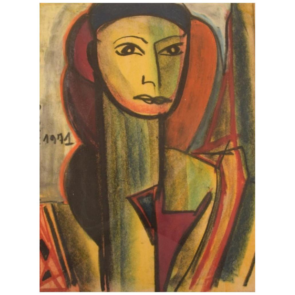 Dorlen Court, Mixed Media on Paper, Cubist Portrait of a Woman, Dated 1971 For Sale