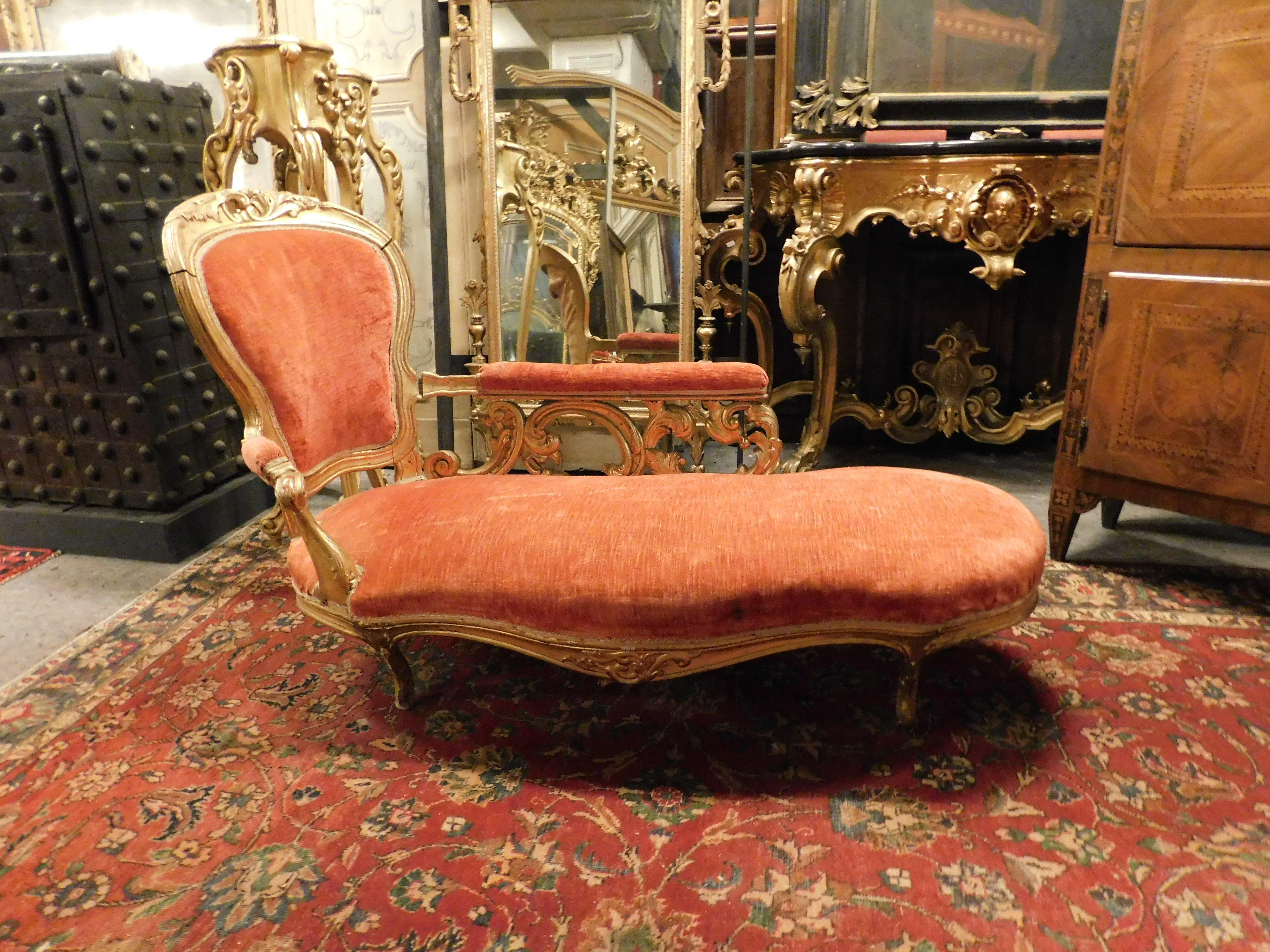 Gilt Dormeuse, chaise longue sofa in gilded wood and velvet, France