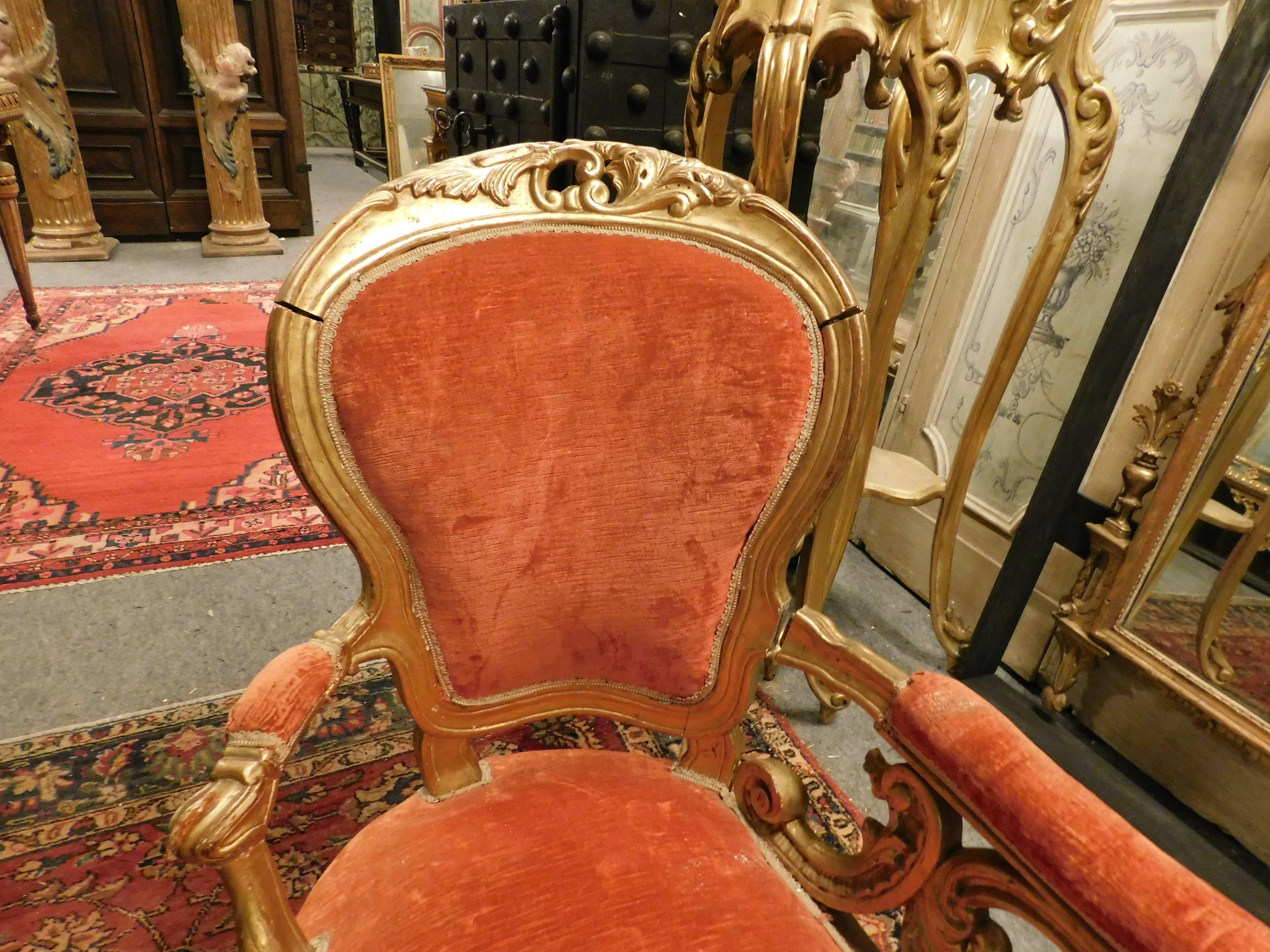 19th Century Dormeuse, chaise longue sofa in gilded wood and velvet, France