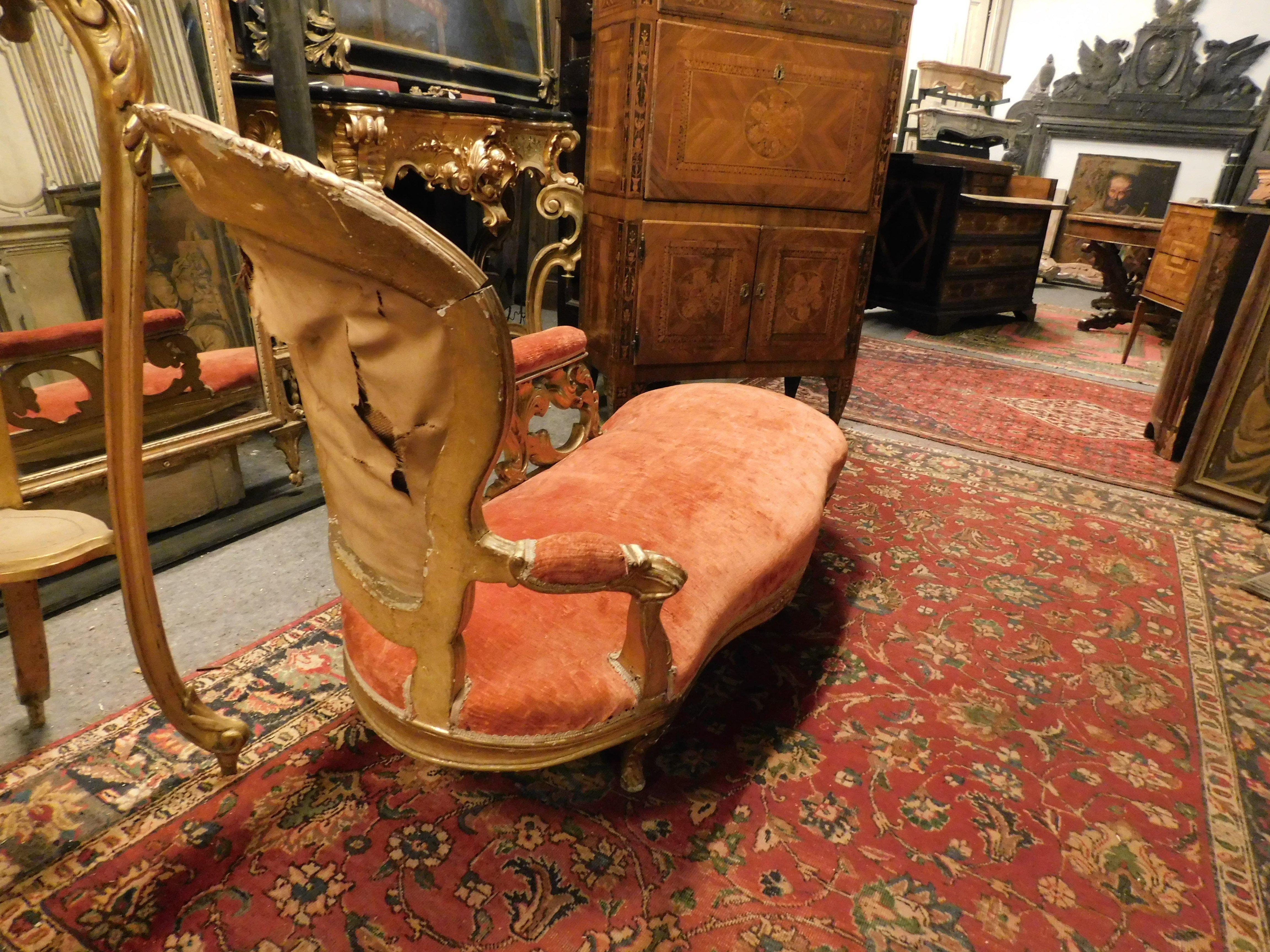 Dormeuse, chaise longue sofa in gilded wood and velvet, France 1