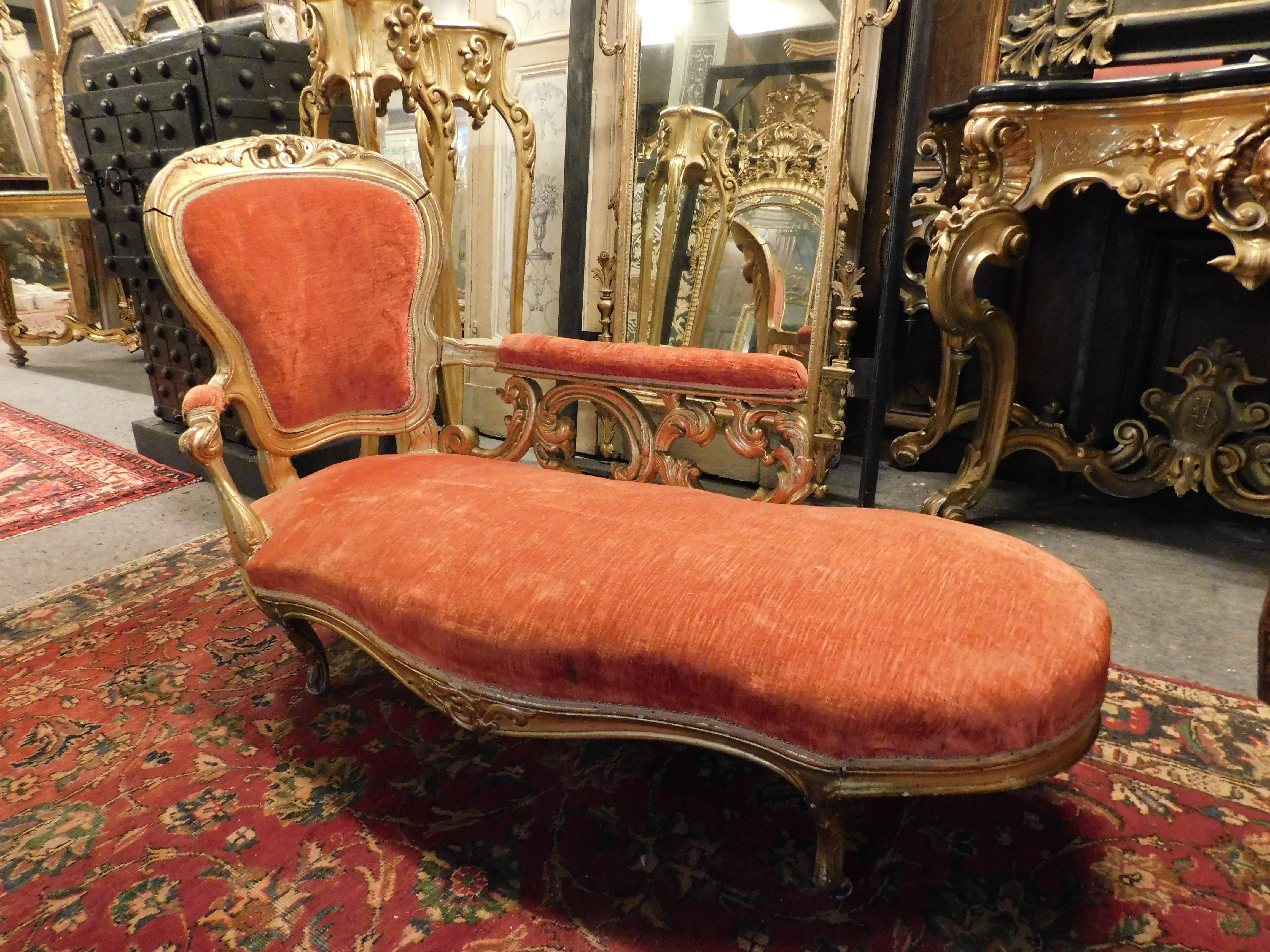 Dormeuse, chaise longue sofa in gilded wood and velvet, France 2