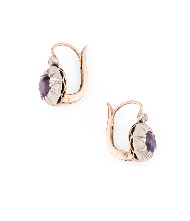 Boucles D'oreilles Anciennes Dormeuses - Améthyste Et Diamants - Or 18 Carats - Style Napoléon III