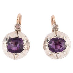Dormeuses anciennes en argent, améthyste et diamant