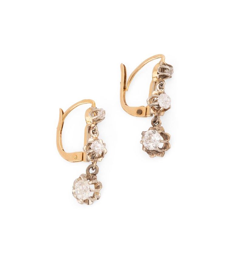 Boucles D'oreilles Dormeuses Trèfles Diamants Début XXe Siècle - Occasion Vintage