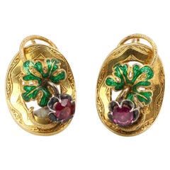 Gold, green enamel and garnet pampre de vigne sleepers