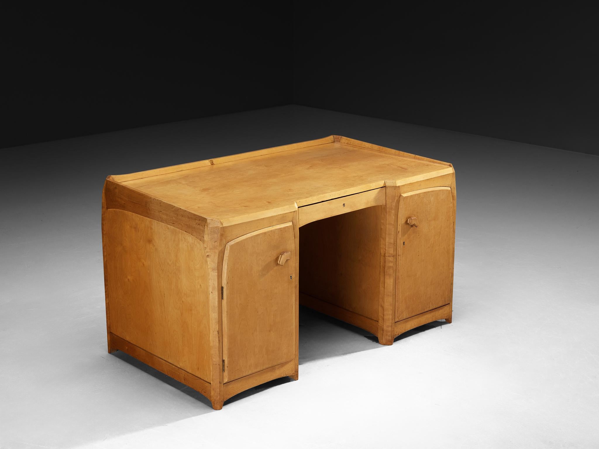 Dornach school desk, birch, Germany, 1930s

This elegant desk reflects the spiritual-functional design principles rooted in the Dornach School tradition of the 1930s. 
Softly rounded edges, subtly arched base elements, and fluid, continuous surfaces