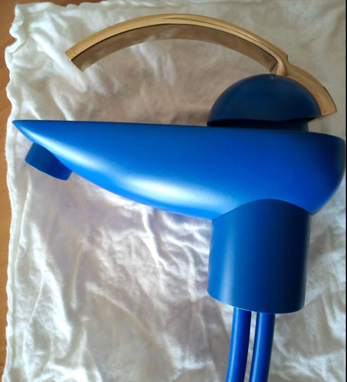 Dornbracht Obina royal blue, gold Lavatory single-hole Deckmount Faucet, 1990s. Gorgeous vibrant blue, rare postmodern piece by Dornbracht, Customizable, gold handle can theoretically be swapped out. Comes in original box with original packaging