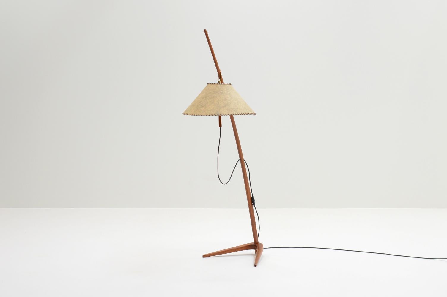 Dornstab floor lamp by J.T. Kalmar and A. Pöll for Kalmar Werkstätten, 1940s Austria. The Dornstab is back into production, but this is the original 1st version dating back to 1947. Solid teak with brass hooks to change the height of the shade. The