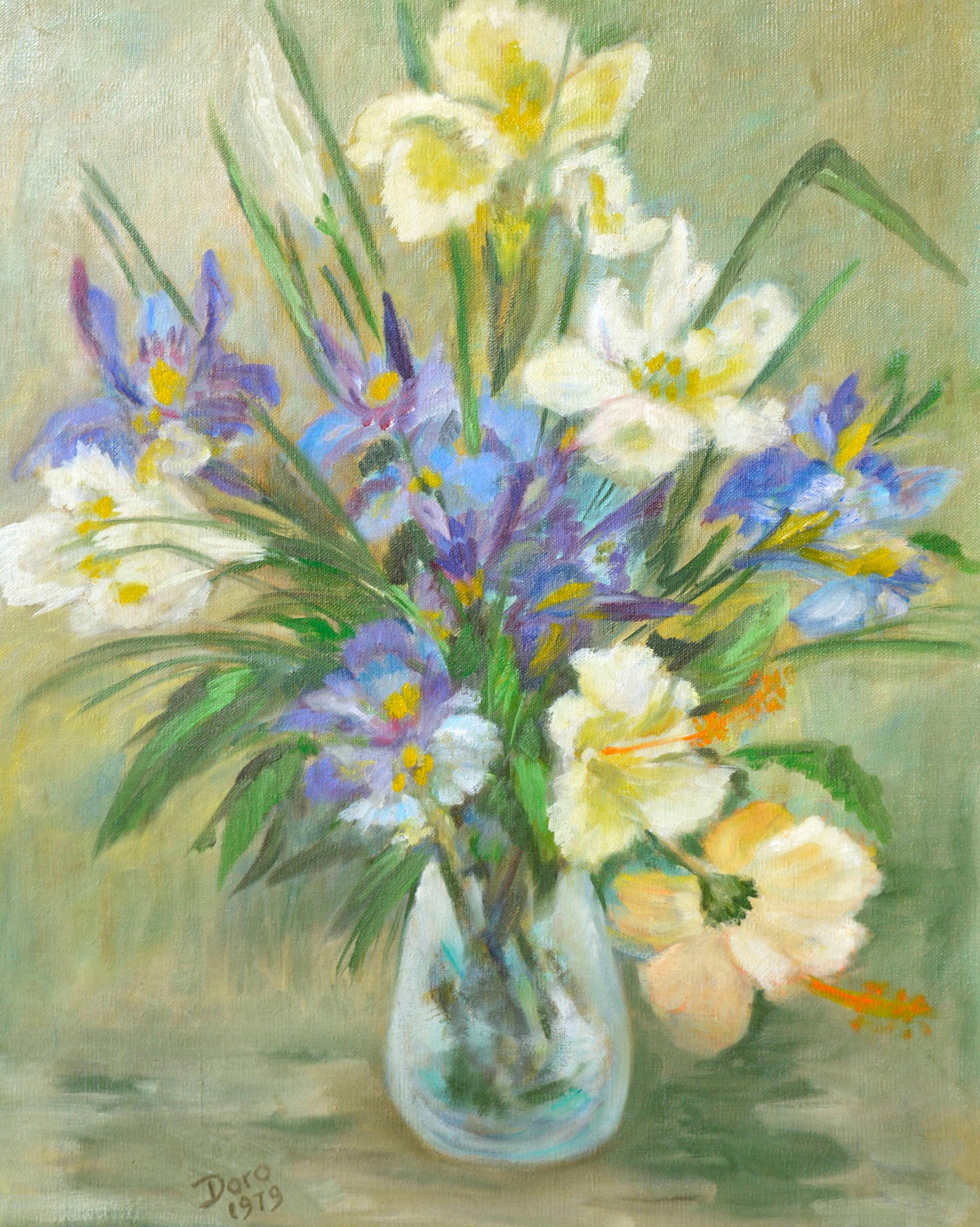 Vintage Still Life -- Yellow & Blue Floral - Painting by Doro