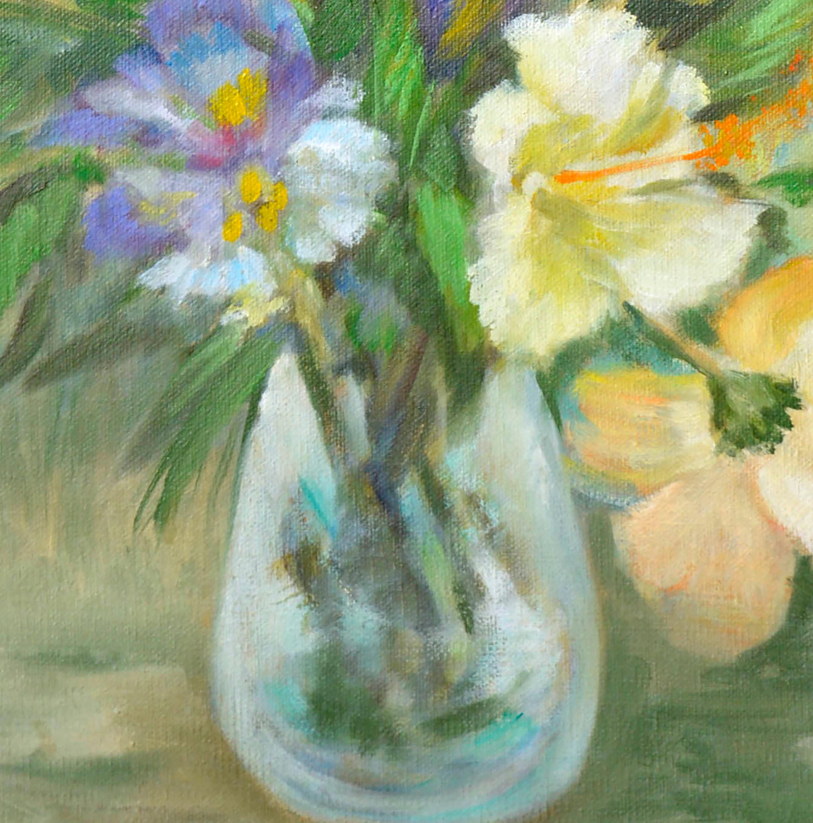 Vintage Still Life -- Yellow & Blue Floral - Brown Still-Life Painting by Doro