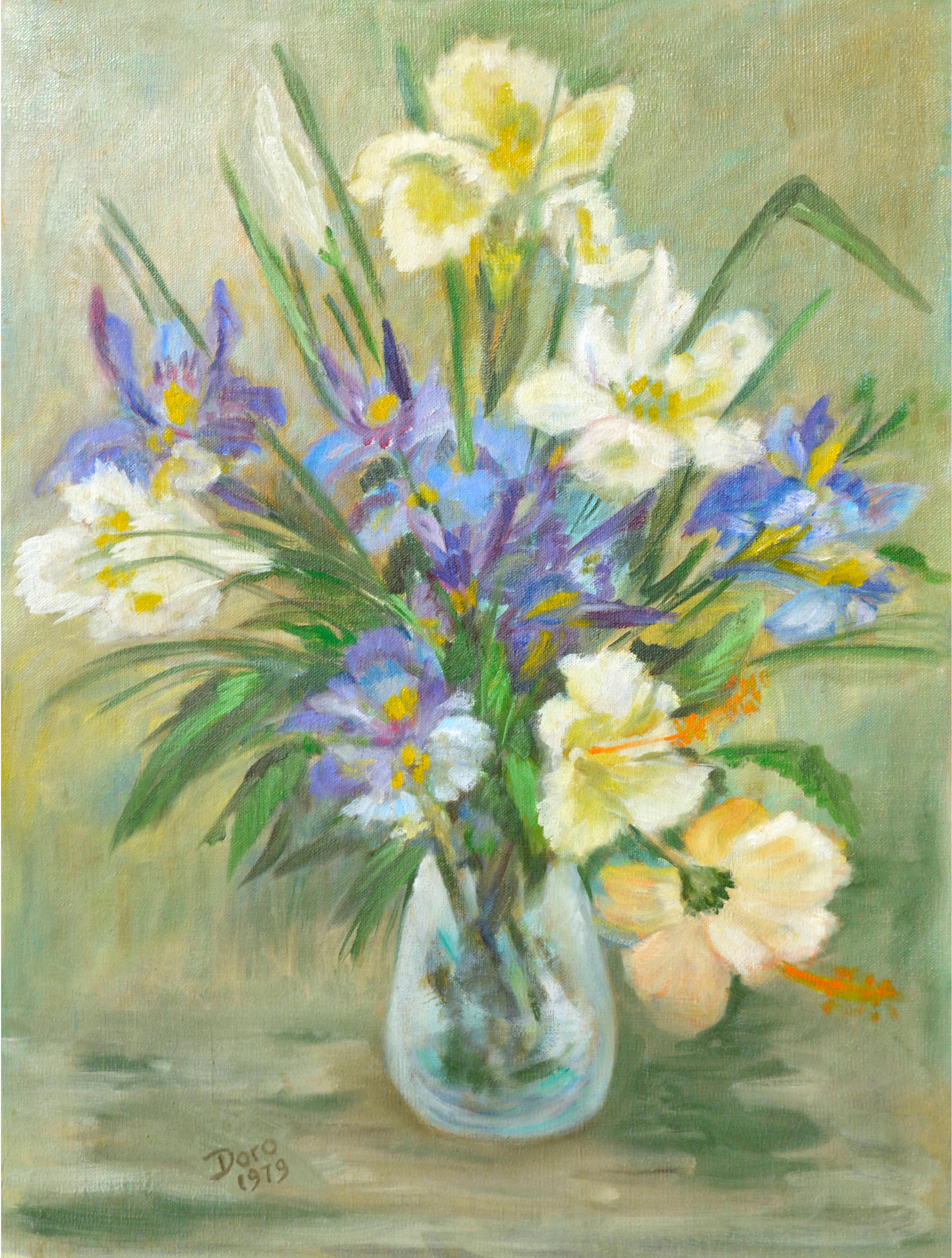 Doro Still-Life Painting - Vintage Still Life -- Yellow & Blue Floral